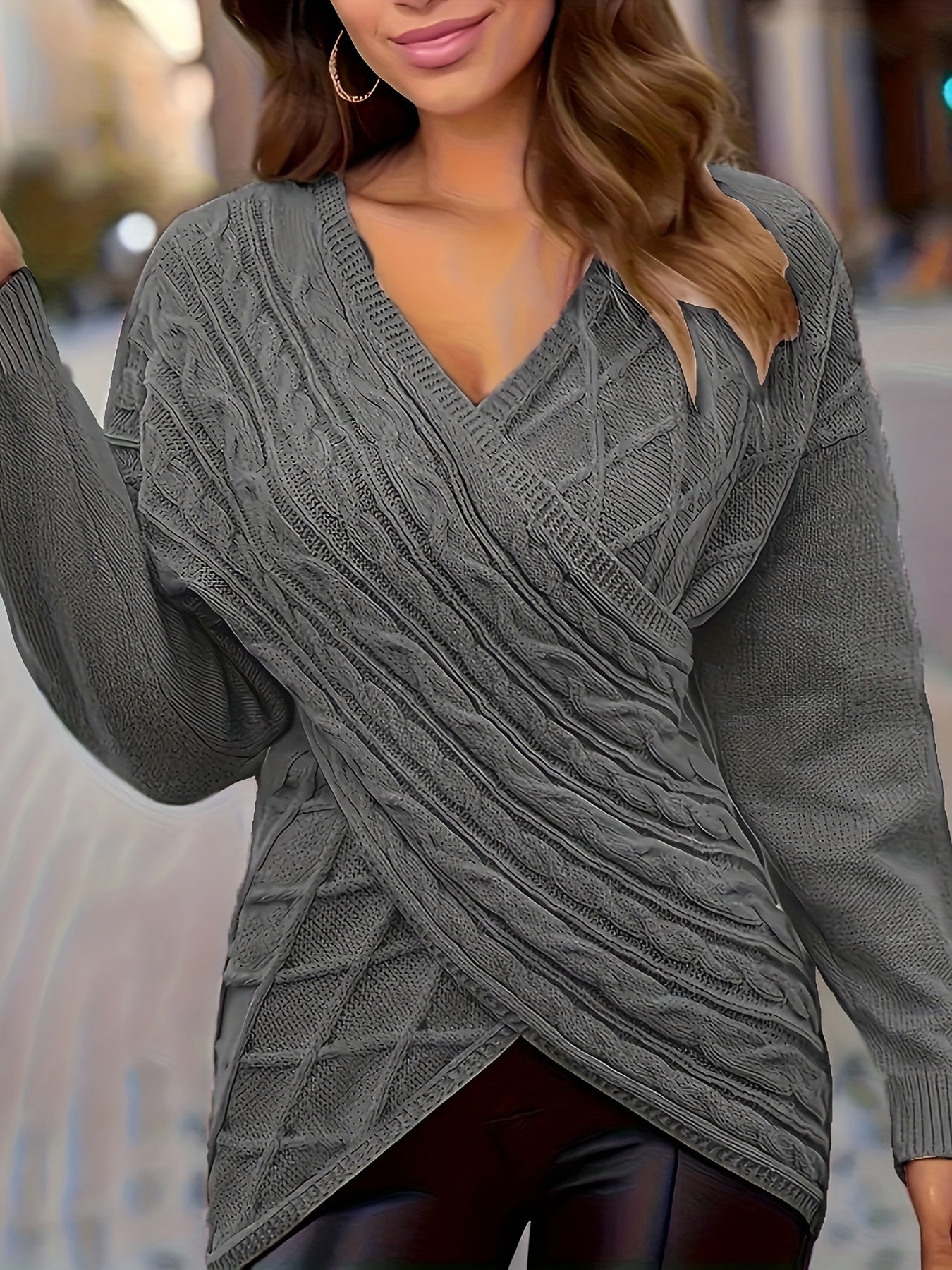 Plus Size Elegant Sweater, Women's Plus Solid Cable Drop Shoulder Long Sleeve Wrap Cross V Neck Jumper