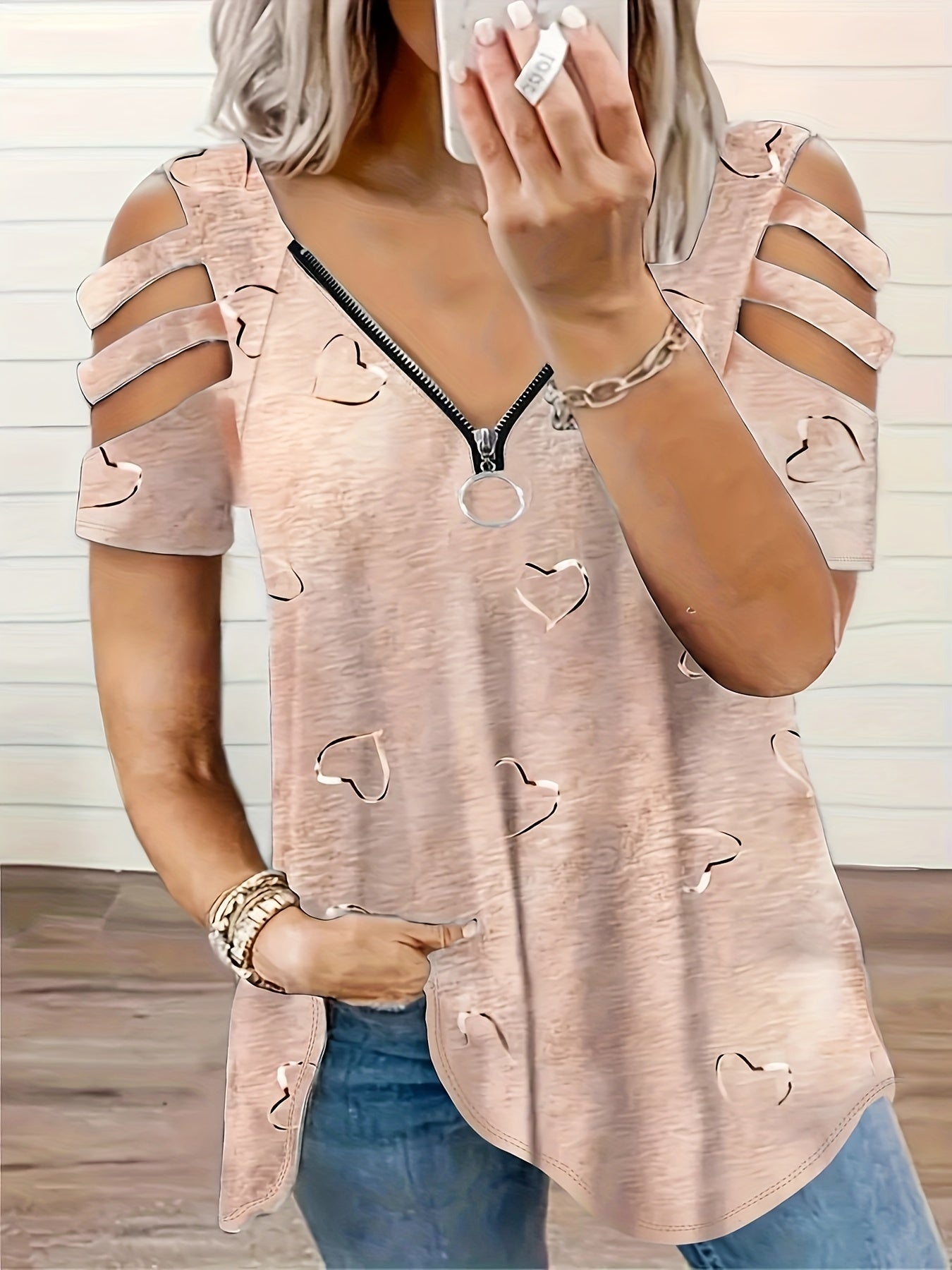 2021 European And American Cross-Border Wish Foreign Trade Women'S Clothing V-Neck Zipper Printed Short-Sleeve Loose Casual T-Shirt for Women