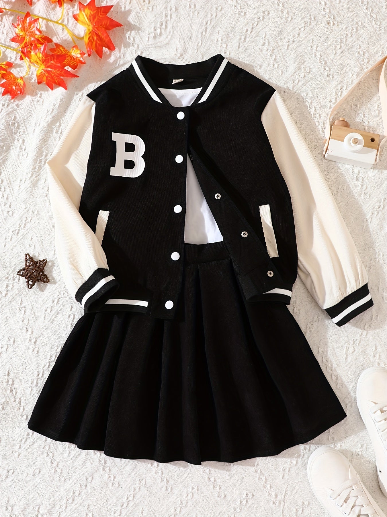 Girls 2pcs Long Sleeve Baseball Jacket Button Coat & Pleated Short Skirt Letter B Print Corduroy Preppy Casual Kids Outdoor Clothes For Spring And Autumn