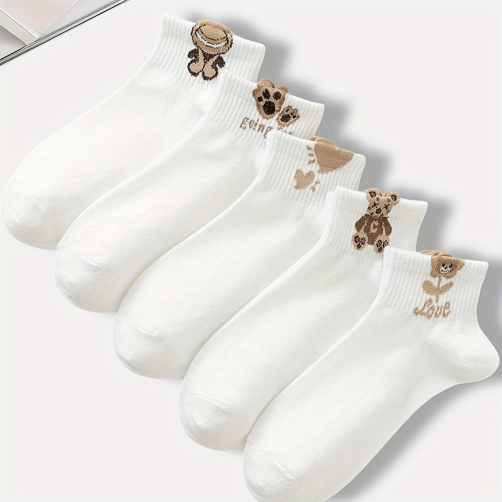 5 Pairs Women's Invisible No-Show Socks - Cute Bear & Love Design, Moisture-Wicking Breathable Fabric, Soft Smooth Short Socks for Sports, Festivals, Leisure (White & Black), Cute Socks, Festival Accessories, Moisturewicking Fabric