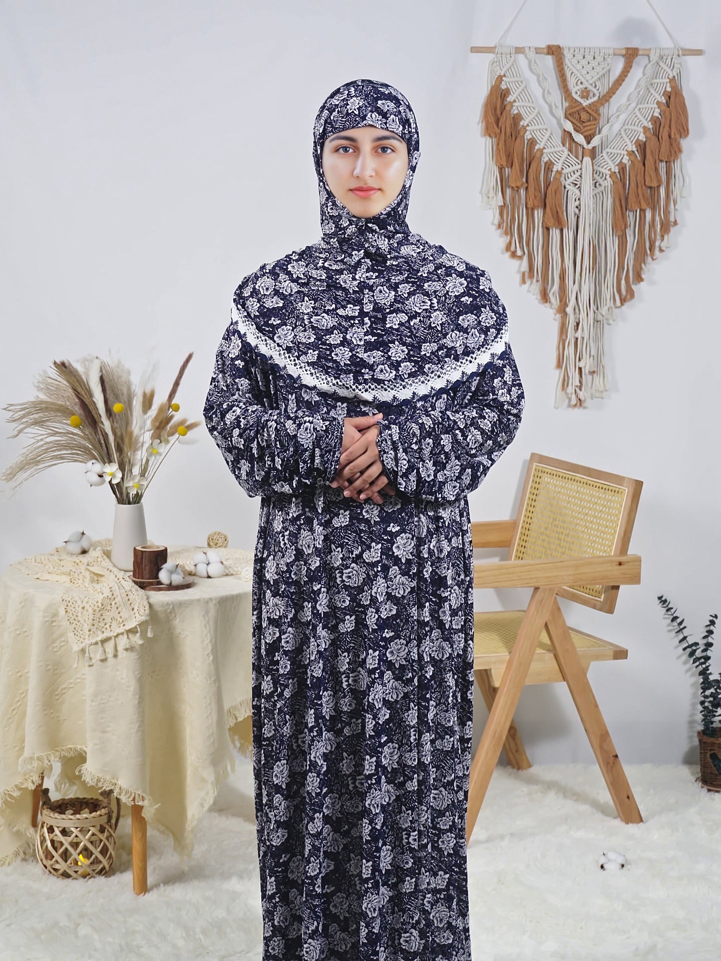 Floral Print Long Robe for Women, Comfortable Loose-Fit Prayer Dress, Ramadan Special, Polyester with Elastane, Machine Washable