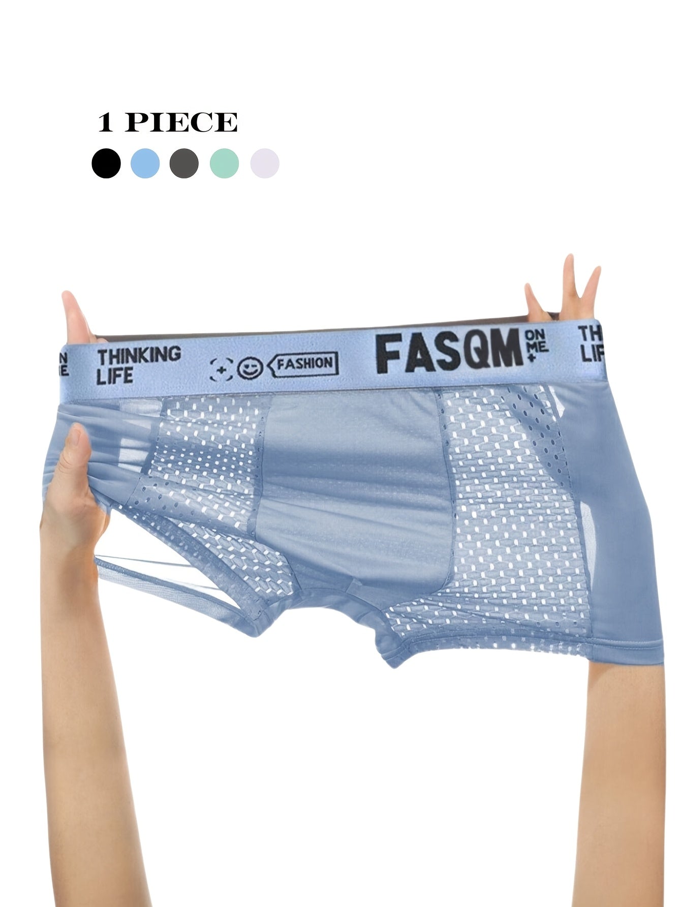 1pc Men'S Breathable Mesh Boxer Briefs, Polyester 93% Spandex 7% Stretch Underwear, Casual Alphabet Print with Contrast Mesh Detail, Sky Blue Black Deep Gray Options, 125gsm Knit Fabric