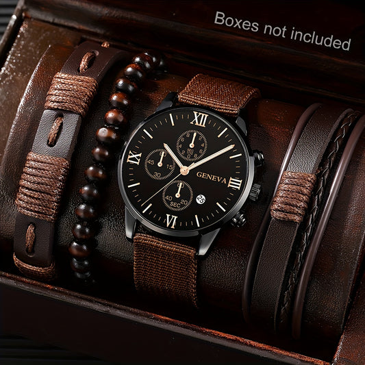 Middle East, Ramadan Men Watch 1pcs Men's Black Nylon Strap Casual Industrial Style Round Dial Calendar Pointer Quartz Watch And 3pcs Bracelets Watch for Men Suitable for Men Party Birthday Wear As Brother The Best Gift for A for Man No Box