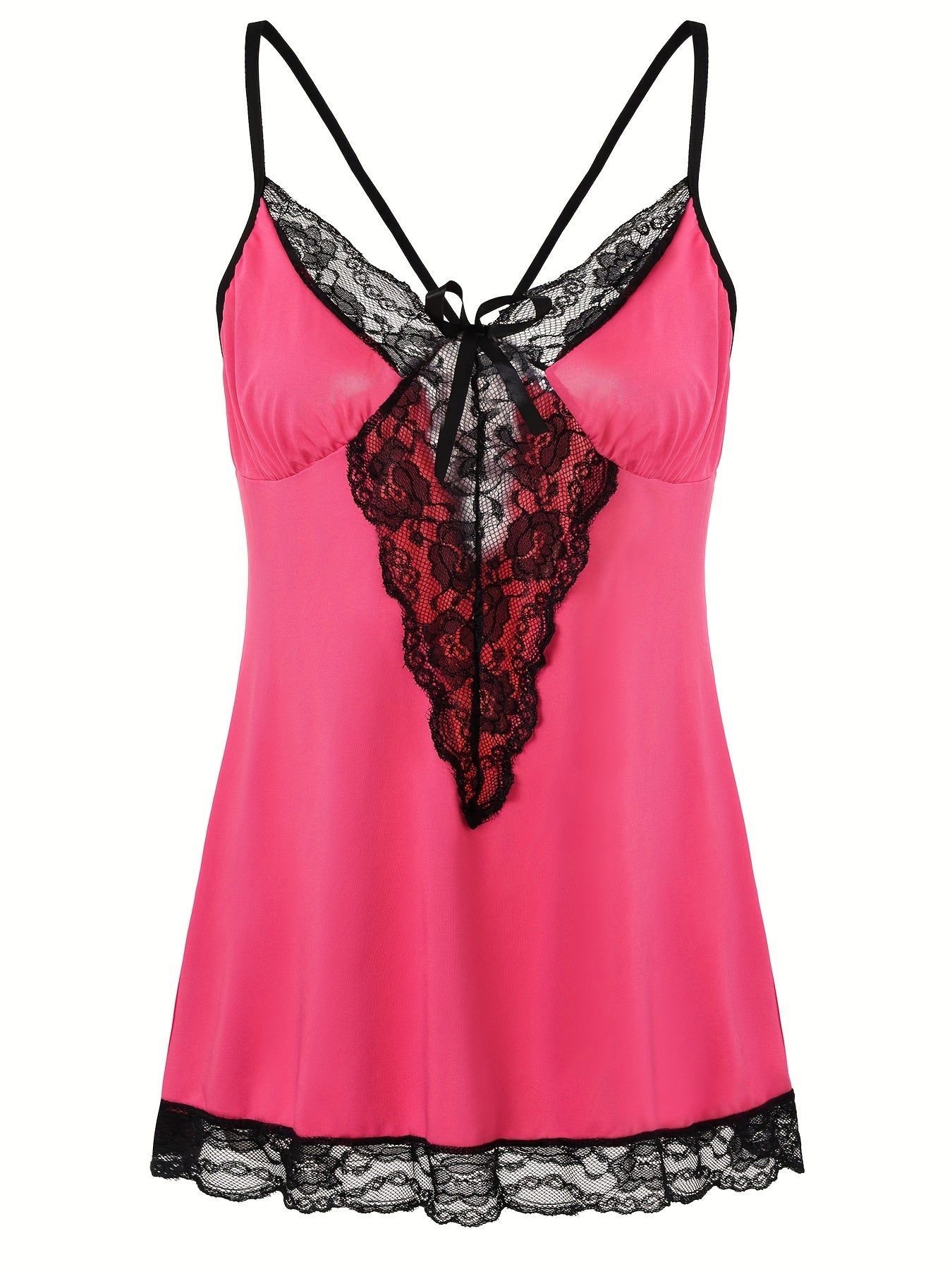 Plus Size Sexy Nightdress, Women's Plus Comfort Soft Contrast Lace Criss Cross Back V Neck Cami Sleep Dress With Free Underwear