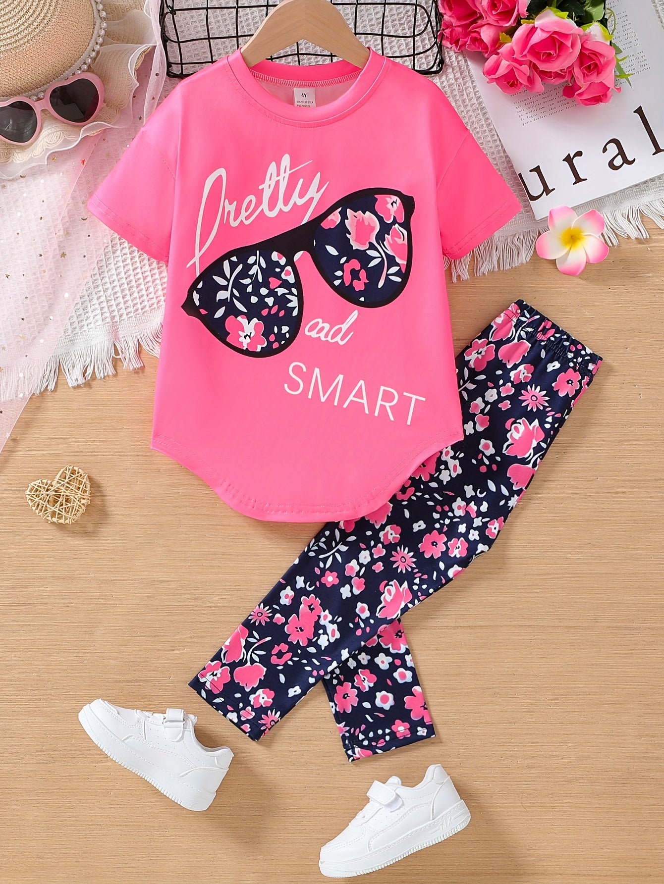 2pcs Girls' Clothing Party Slogan Large Glasses Print Pattern Drop Shoulder Irregular Hem Design Loose Short Sleeve T-Shirt + Floral Print Skinny Nine-Tenths Bottoms Set Girls' Summer Outfit Holiday Gift Girls' Fashion Casual Kids Suitable for Outdoors, P