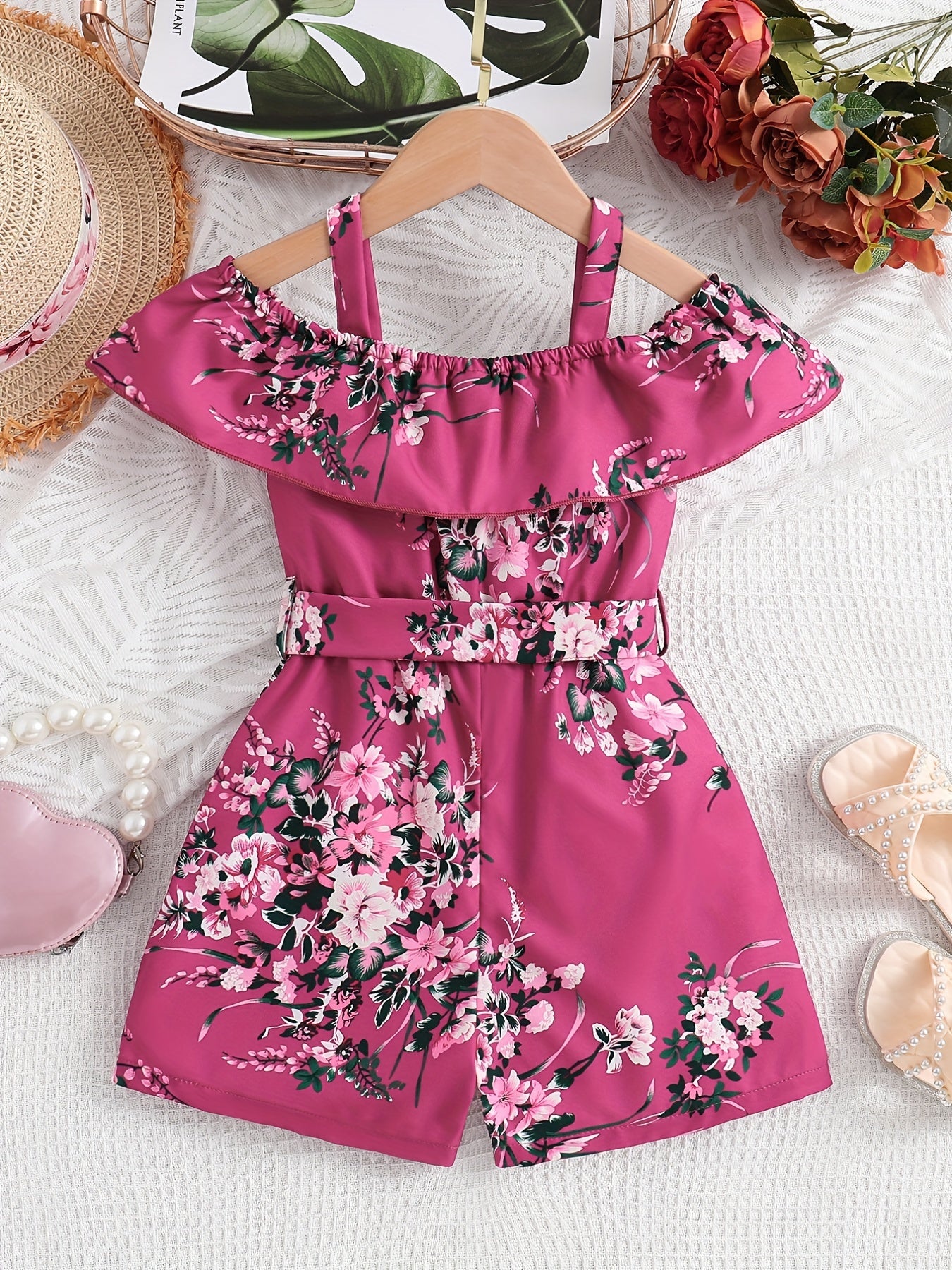 HWMFSNHFZ Girls' Off-Shoulder Floral Print Jumpsuit with Ruffled Sleeves & Waist Bow - Vibrant Pink & Green Summer Casual Outfit, Short Sleeveless Dress for Playdates & Outings, Playful Design, Comfortable Fit, for Outdoor