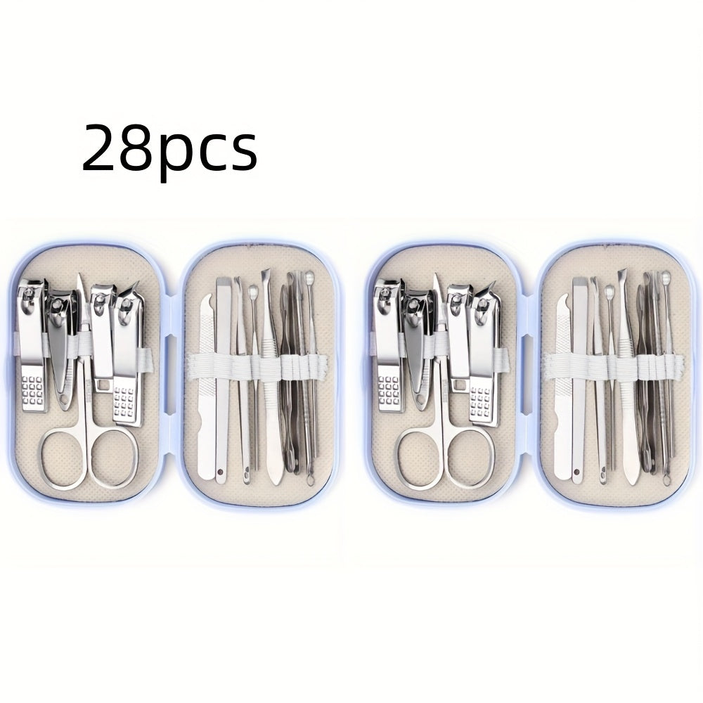 14pcs/28pcs Stainless Steel Manicure And Pedicure Tool Set, Featuring Modern-Style Curved Nail Clippers And Grooming Tools, Including a Portable Storage Case - a Fragrance-Free Nail Care Kit Suitable for Both Men And Women.