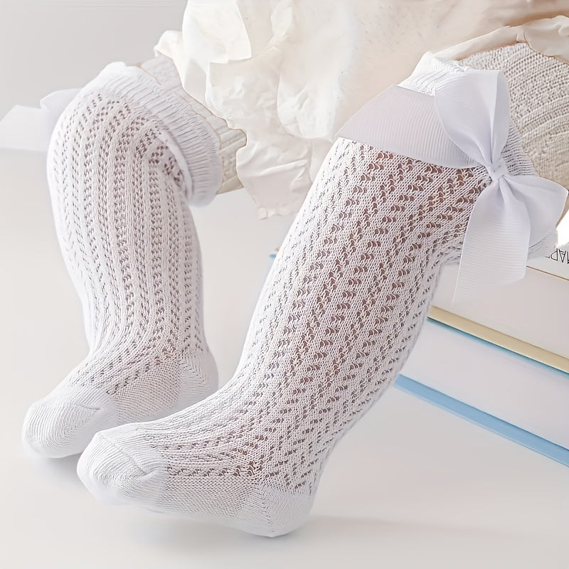 1 Pair Girls' Elegant Floral-like Bow accent - Breathable Openwork Stockings, All-Season Formal & Everyday Legwear - Easy On/Off for Toddlers & Kids (Hand Wash Only) - Birthday Party Outfit Essentials