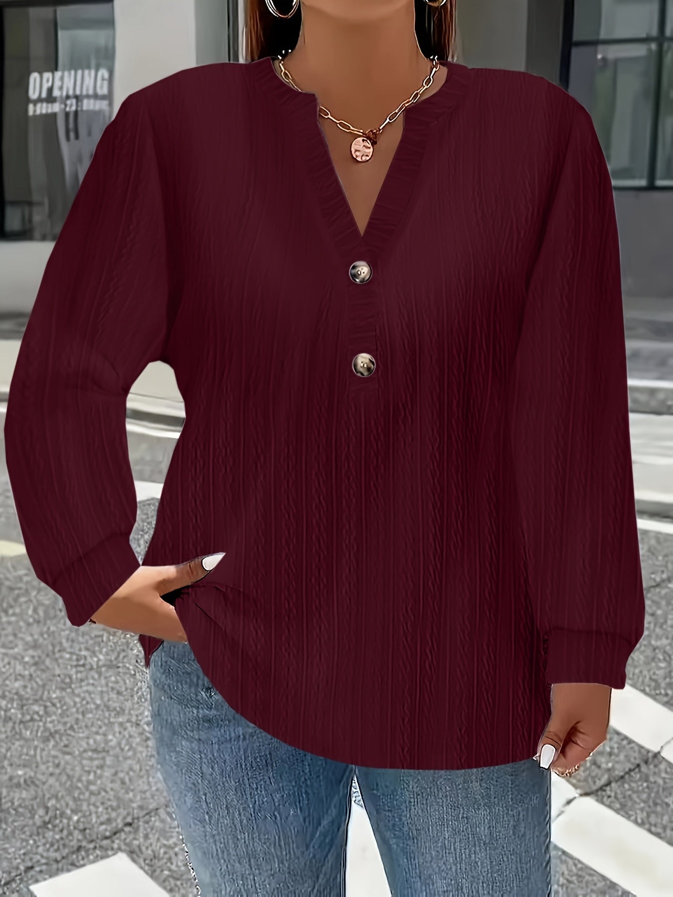 European And American Cross-Border Long-Sleeve Solid Color V-Neck Button T-Shirt Top