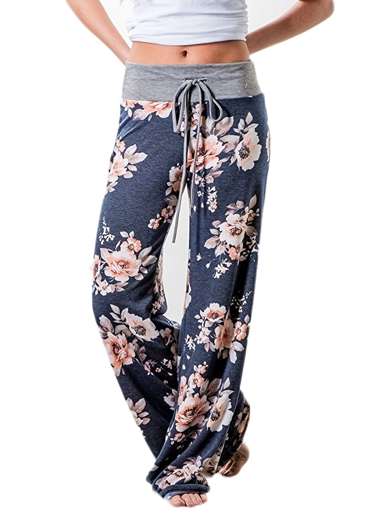 Plus Size - Women'S Plus Size Floral Print Wide Leg Pants with Drawstring Waist - Stretchy & Comfortable Casual Lounge Pajama Pants for Spring/Summer/Fall, Relaxed Fit Pants | Wide Leg Pants | Drawstring Detail