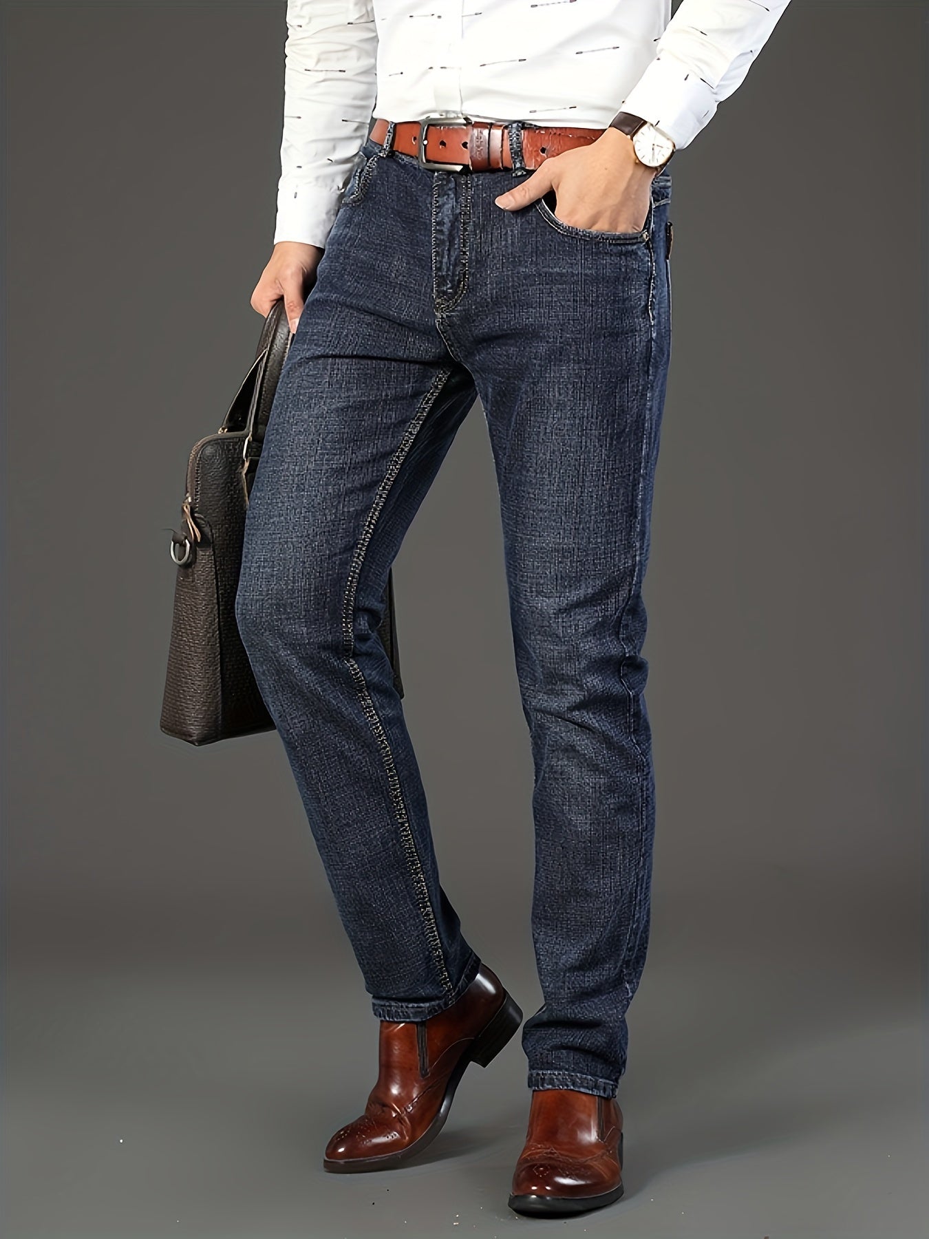 Men'S Classic Solid Color Regular Fit Jeans, Comfortable Stretch Straight Leg Pants for Casual & Business Wear, All-Season Versatile Trousers, Business Casual Attire, Classic Straight Leg, Comfortable Fit