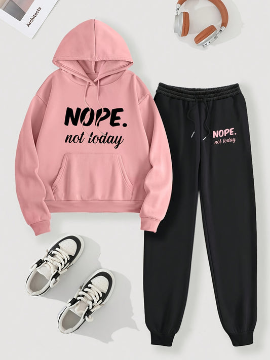 Women'S Plus Size Hoodie and Joggers Set, Pink and Black, Polyester, Letter Print, Elastic Fabric, Pocket Detail, Knit Sweatshirt and Pants Outfit
