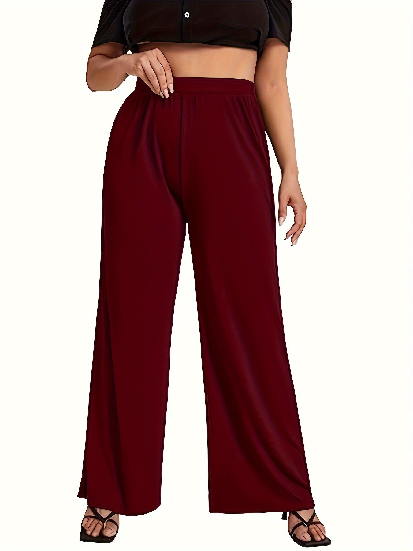Women'S Plus Size Fashion Elegant Wide Leg Pants, Solid Color, High Stretch Knit Fabric, Straight Leg, 100% Polyester, 180g/m², for Spring/Summer