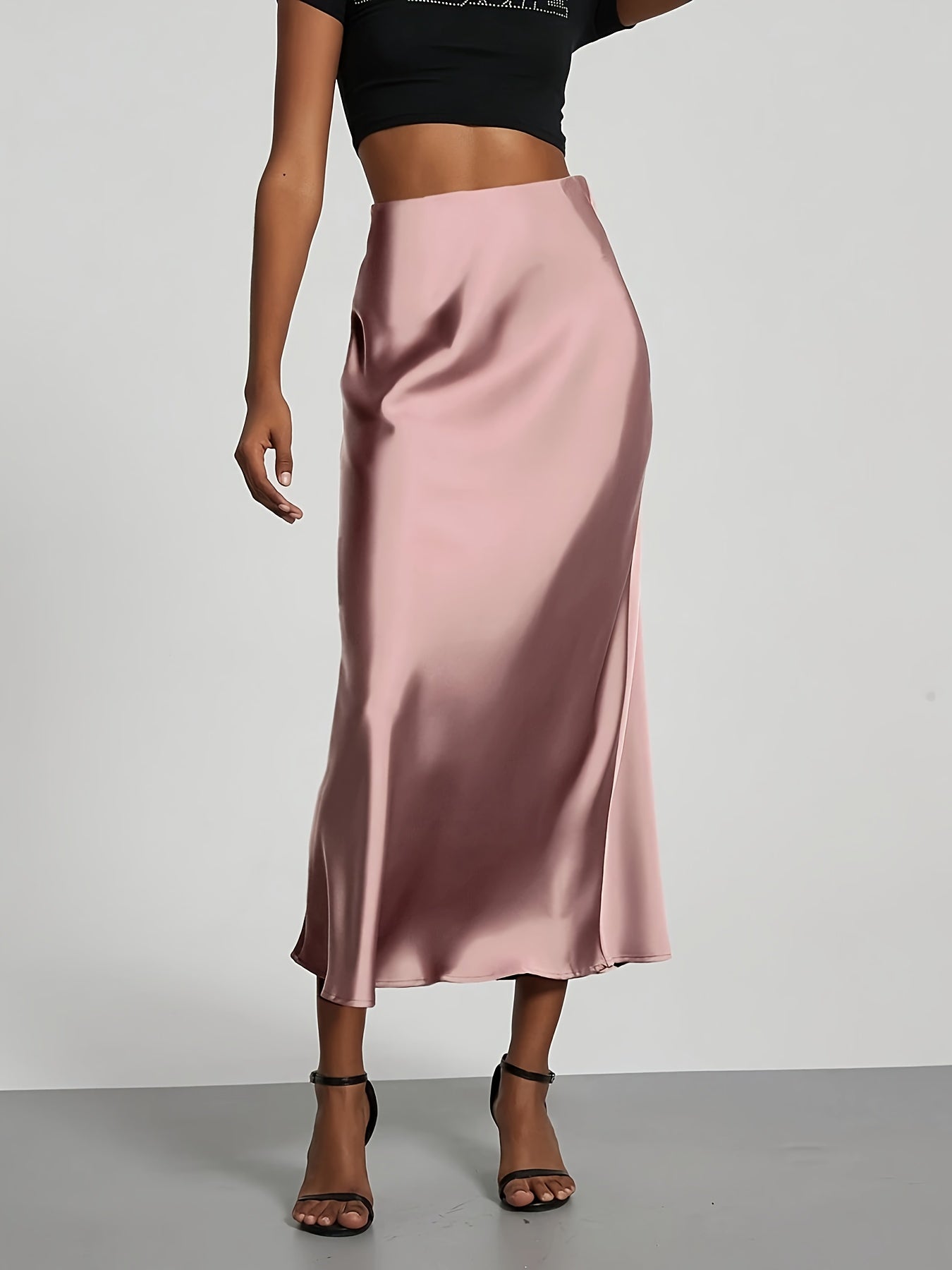Women's High-Waist Satin Midi Skirt - Elegant Solid Black, Flared Design, Perfect for Dates & Work, All-Season Polyester Skirt, Office Wear Skirt | Flared Skirt Style | Quality Construction