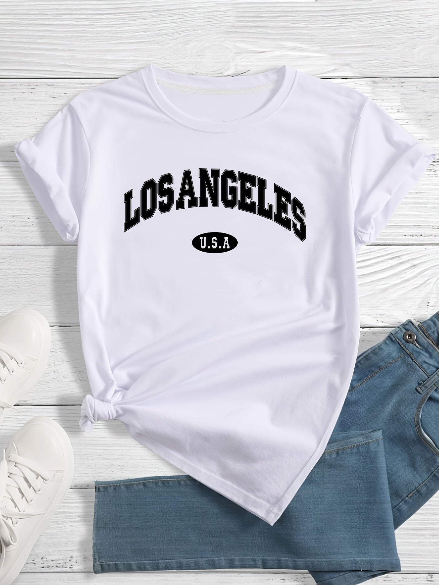 Women'S Casual Los Angeles Alphabet Print T-Shirt, Short Sleeve Crew Neck, Summer Knit Polyester Top with 5% Elastane, Regular Length - Black