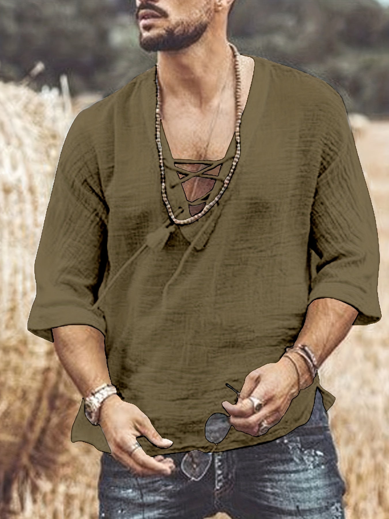 Men's Summer Casual V-Neck Breathable Short-Sleeve Fashion Drawstring Solid Color T-Shirt with Wrinkle Fabric