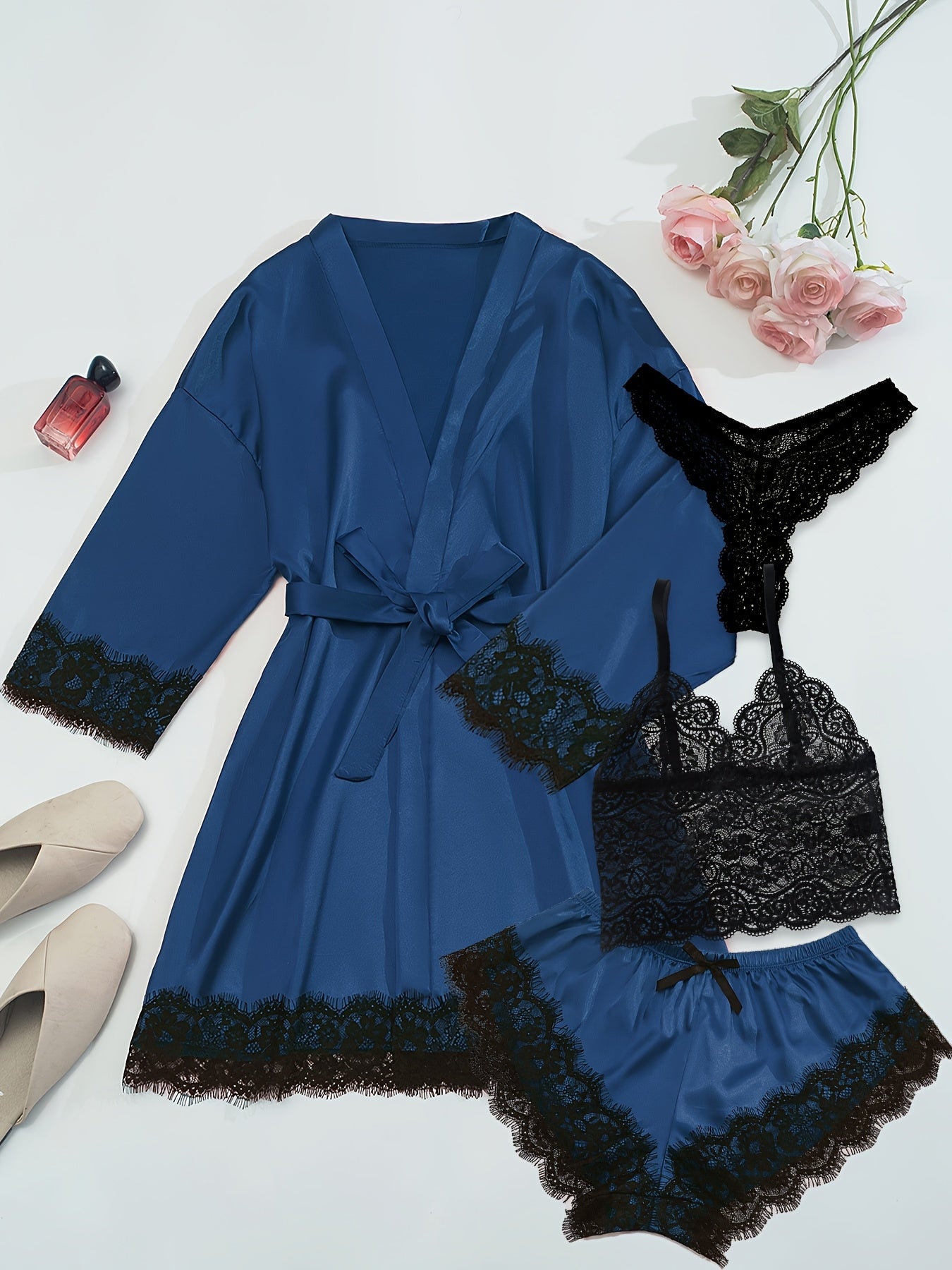Women'S Fashion Casual Satin Shapewear Pajama Set, Deep V Neck, Solid Color, All-Season, with Contrast Lace Detail, Belted, Adult Size, Elegant Nightwear|Satin Finish|Lace Detailing, Pajamas for Women