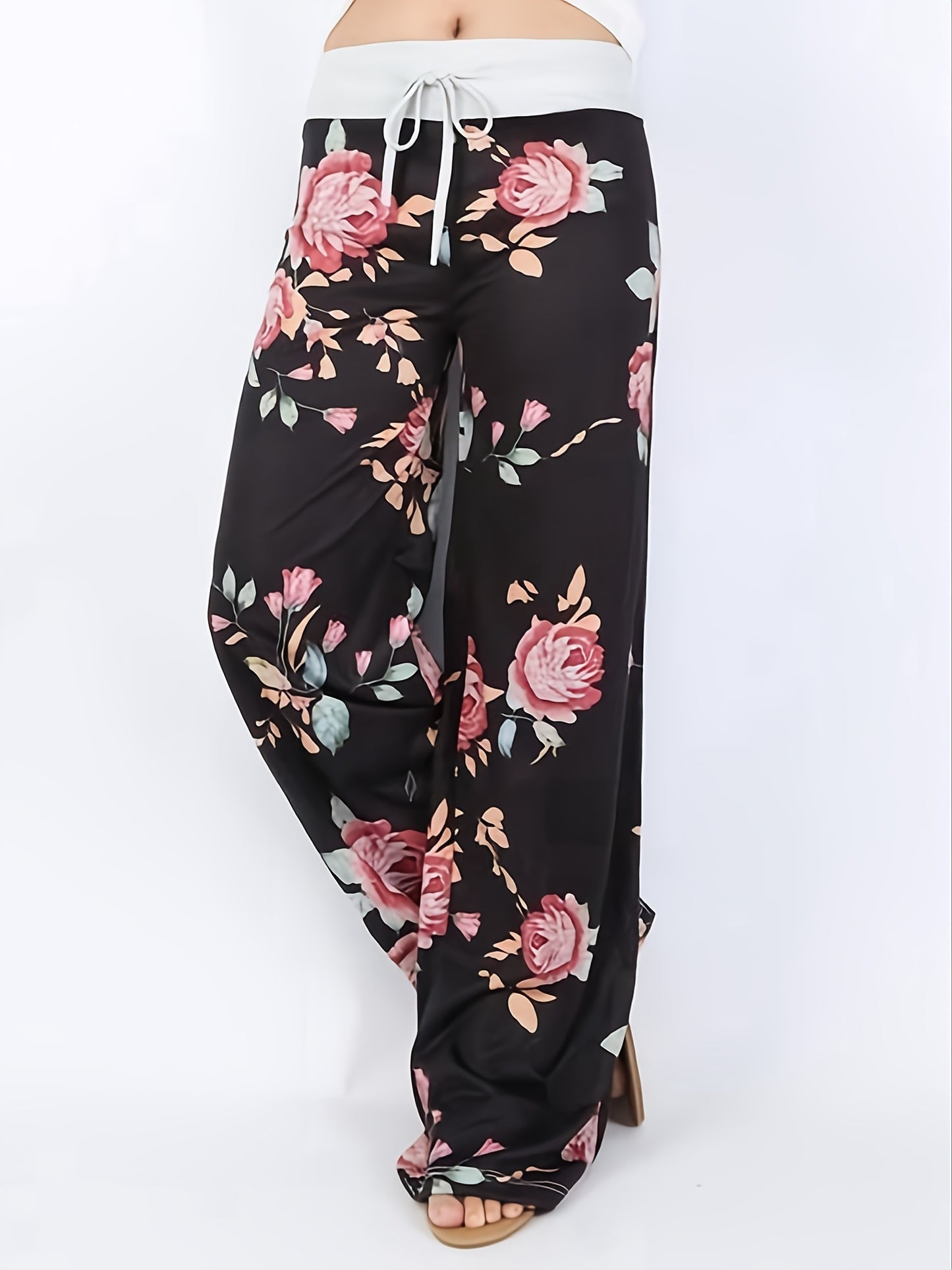 Plus Size - Women'S Plus Size Floral Print Wide Leg Pants with Drawstring Waist - Stretchy & Comfortable Casual Lounge Pajama Pants for Spring/Summer/Fall, Relaxed Fit Pants | Wide Leg Pants | Drawstring Detail