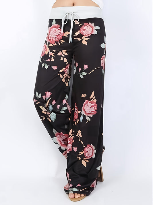 Plus Size - Women'S Plus Size Floral Print Wide Leg Pants with Drawstring Waist - Stretchy & Comfortable Casual Lounge Pajama Pants for Spring/Summer/Fall, Relaxed Fit Pants | Wide Leg Pants | Drawstring Detail