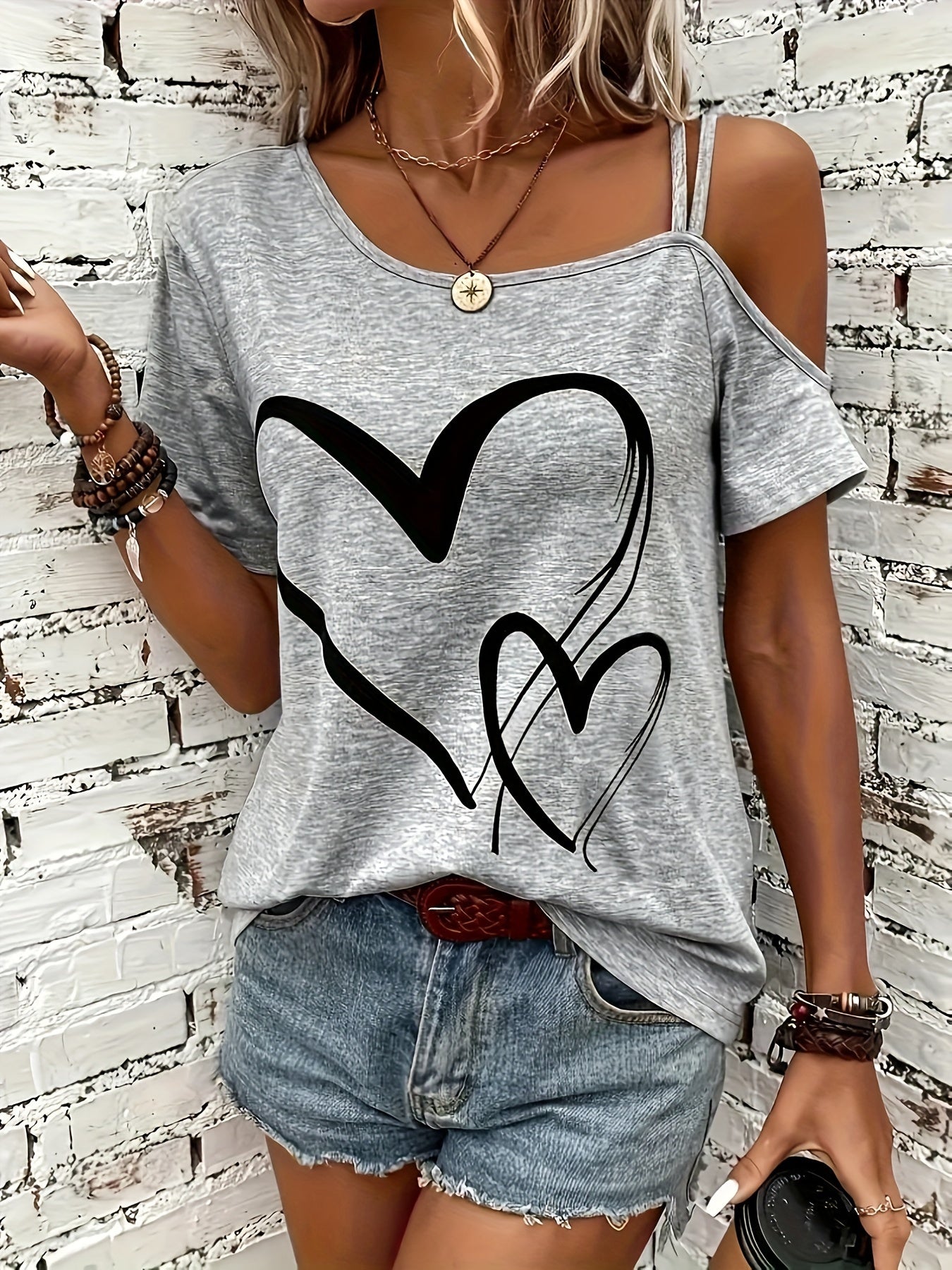 Heart Print Cold Shoulder T-shirt, Casual Short Sleeve Backless Asymmetrical Top, Women's Clothing
