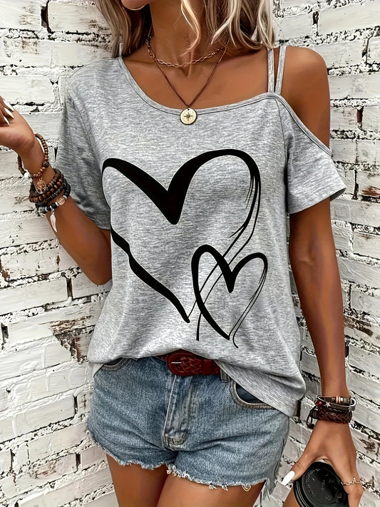 Heart Print Cold Shoulder T-shirt, Casual Short Sleeve Backless Asymmetrical Top, Women's Clothing