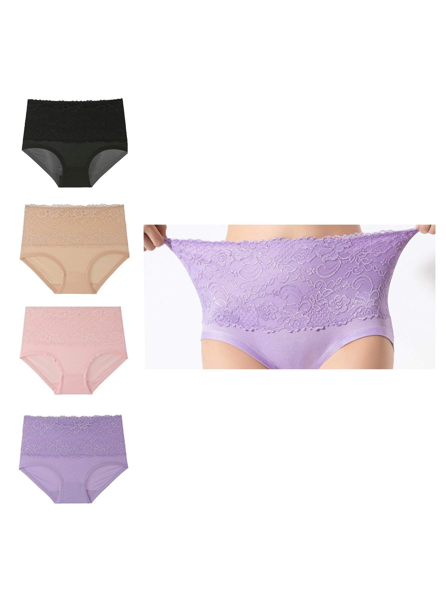 4-Pack Elegant High-Waisted Plus-Size Briefs, Nylon 90% Spandex 10% Knit Fabric with Contrast Lace Detail, Solid Color, Slight Stretch, Comfort Fit Panties