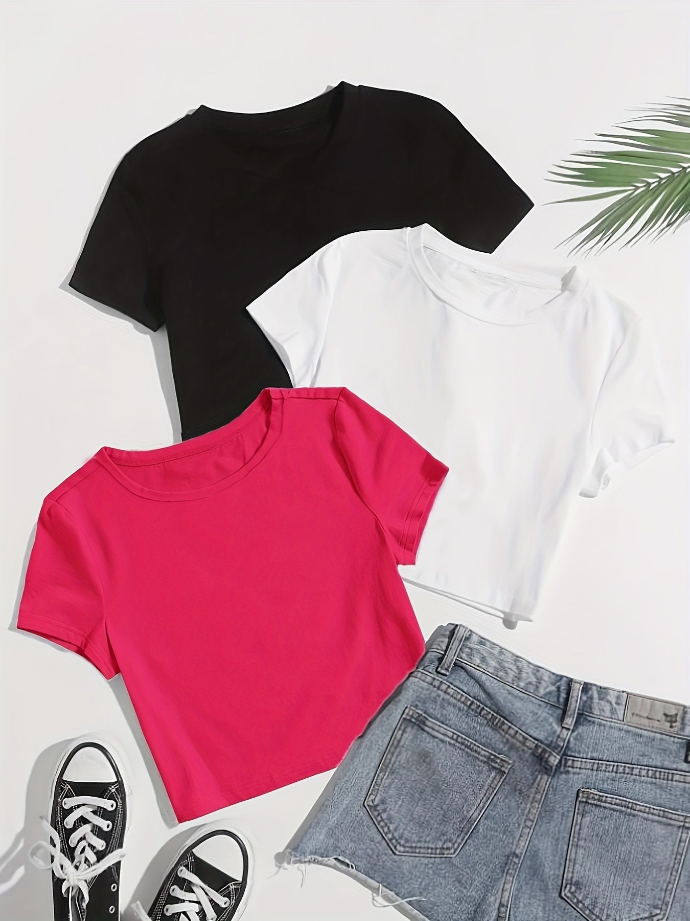 3 Pieces Crop T-shirts, Casual Crew Neck Short Sleeve T-Shirts For Spring & Summer, Women's Clothing