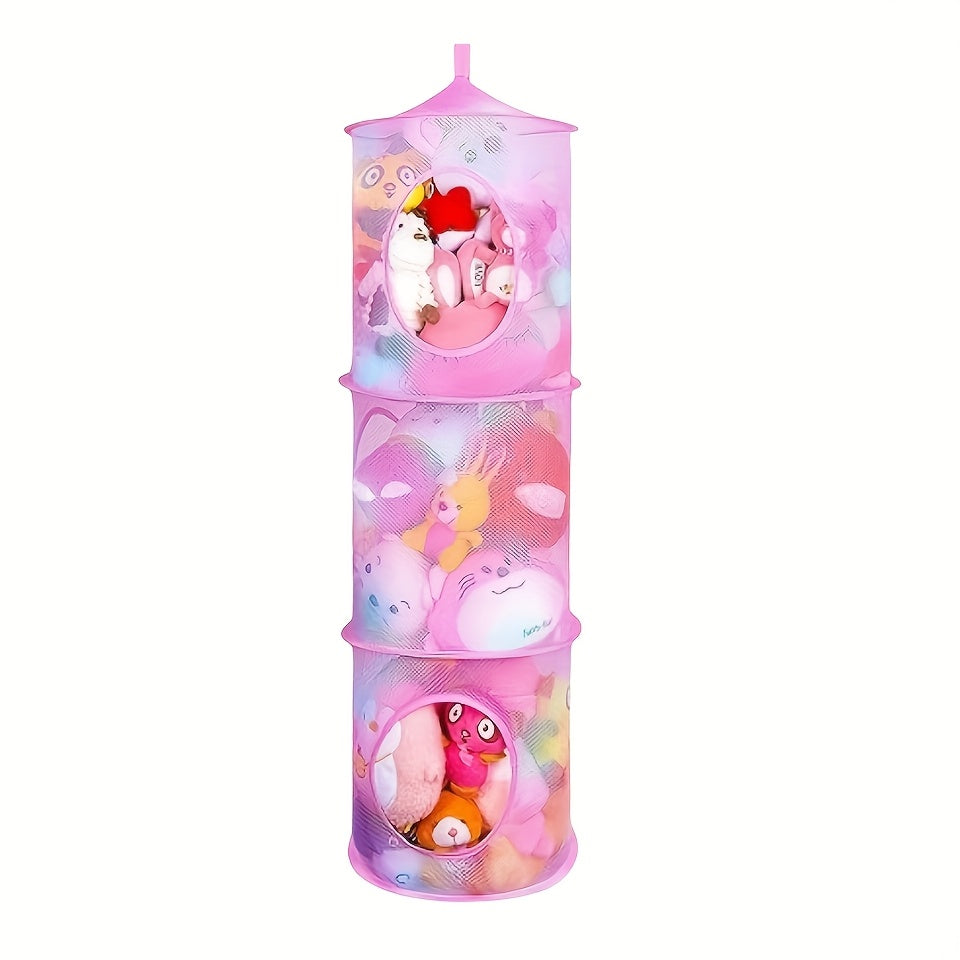 3-Tier Hanging Organizer with Open Cage Design - Stackable Storage Basket, Pastel Pink, Space-Saving Vertical Organizer for Plush Animals, Toys, Bras, Hanging Baskets - Durable Polyester Hanging Net for Home, Closet, Bathroom - Easy Hang Chains Included,