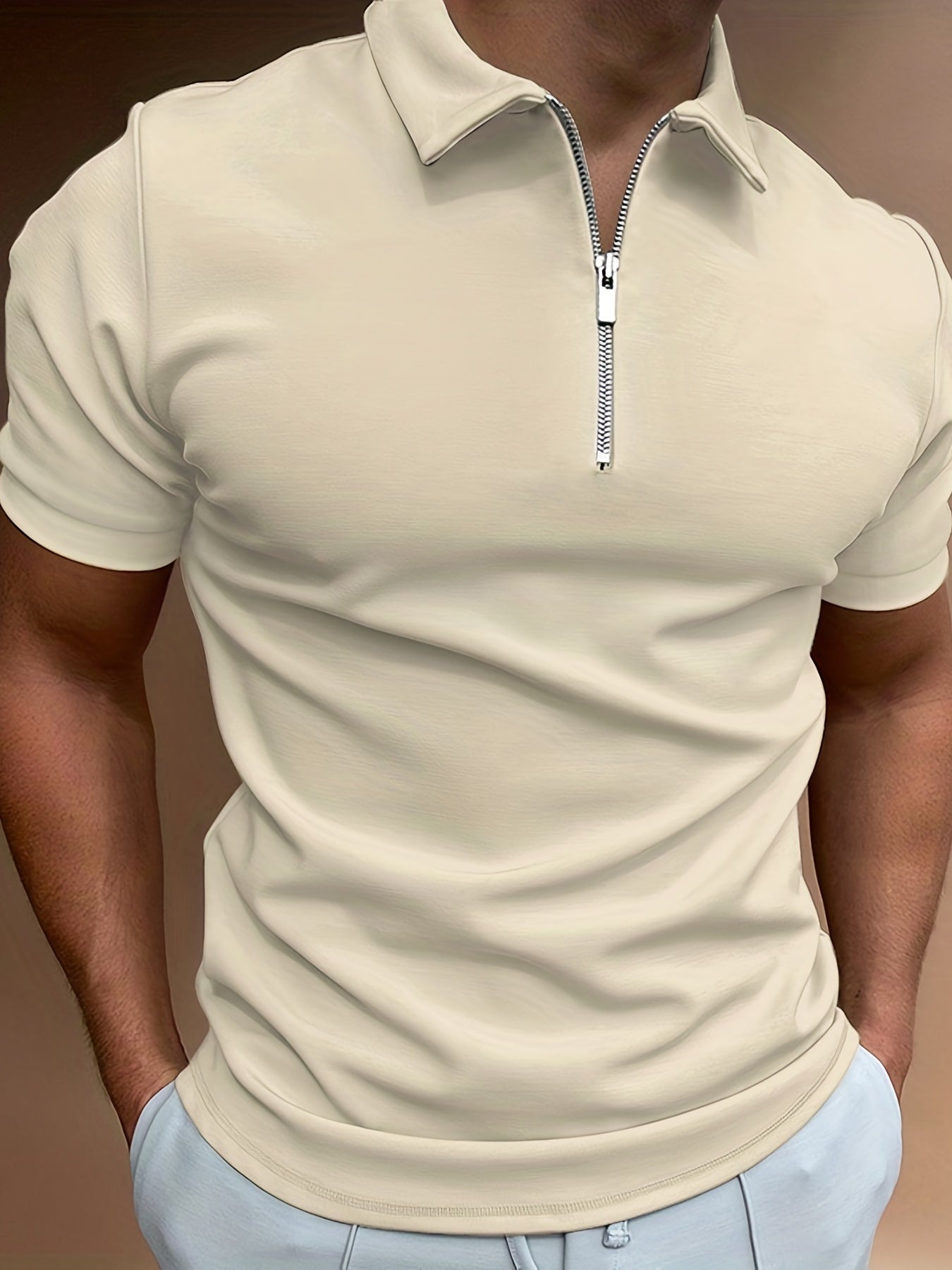 [Golf Apparel] Men's Classic White Shirt - Casual Summer Style with Short Sleeves, Zipper Collar, and Stretch Polyester Fabric - Perfect for Streetwear & Golf