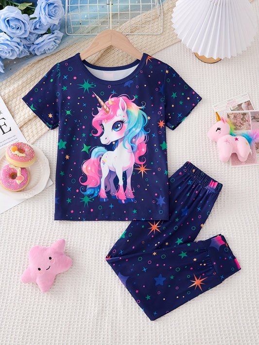 ' Spring/Autumn/Summer 2pcs Set: Glow-in-the-Dark Unicorn Pattern Round Neck Pullover T-Shirt + Glow-in-the-Dark Starry Sky Print Elastic Waist Tie-Leg Pants Cute Style Long Pants Outfit, Everyday Outfit, 's Play Clothes, Playful Fashion, Glow In The Dark