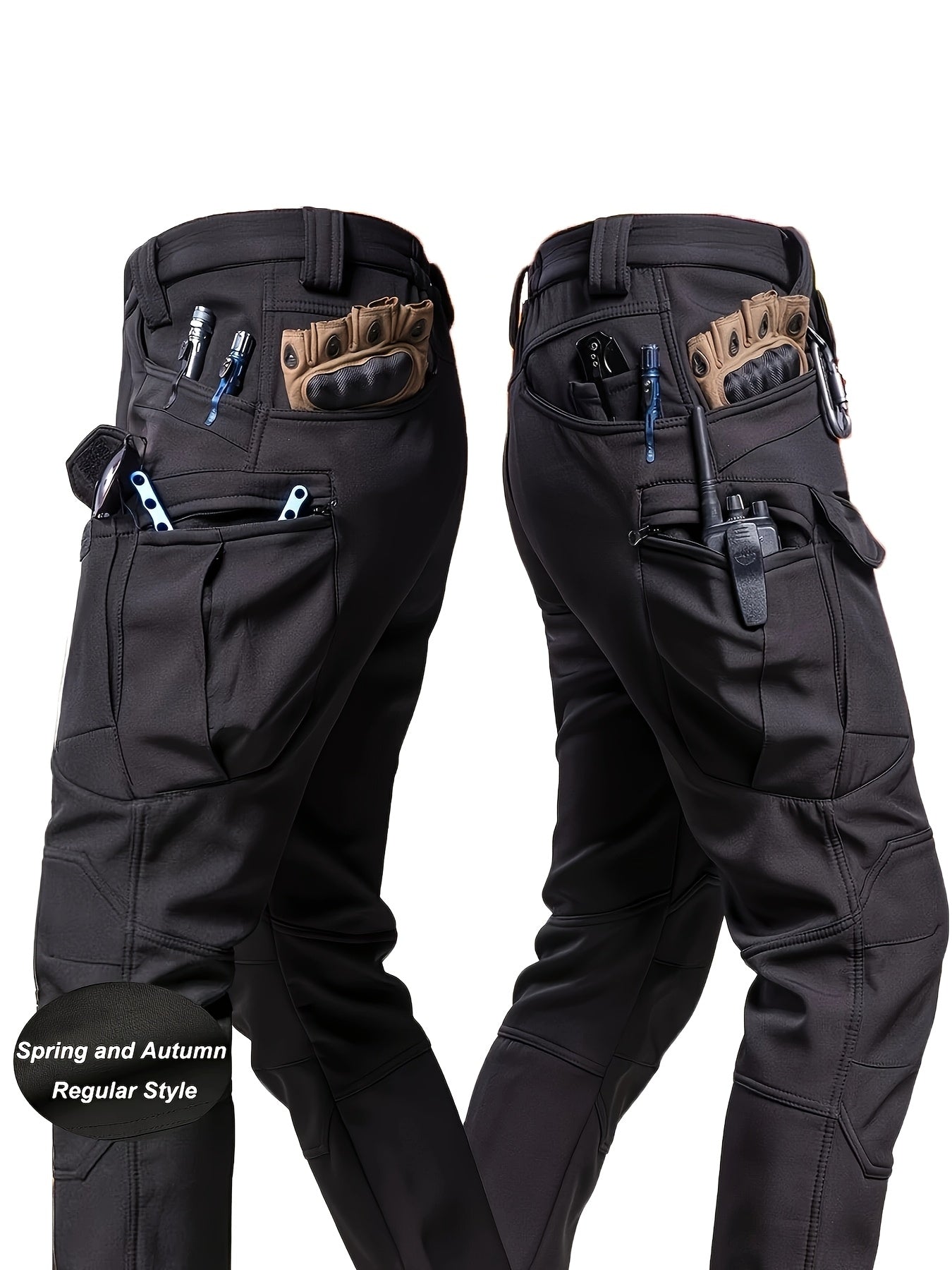 Men'S Stretchy Black Cargo Work Pants - Elastic Waist, Multi-Pocket Design for Hiking & Everyday Comfort, Durable & Comfort Fit, Outdoor Pants|Casual Cargo Pants|Glossy Finish Pant