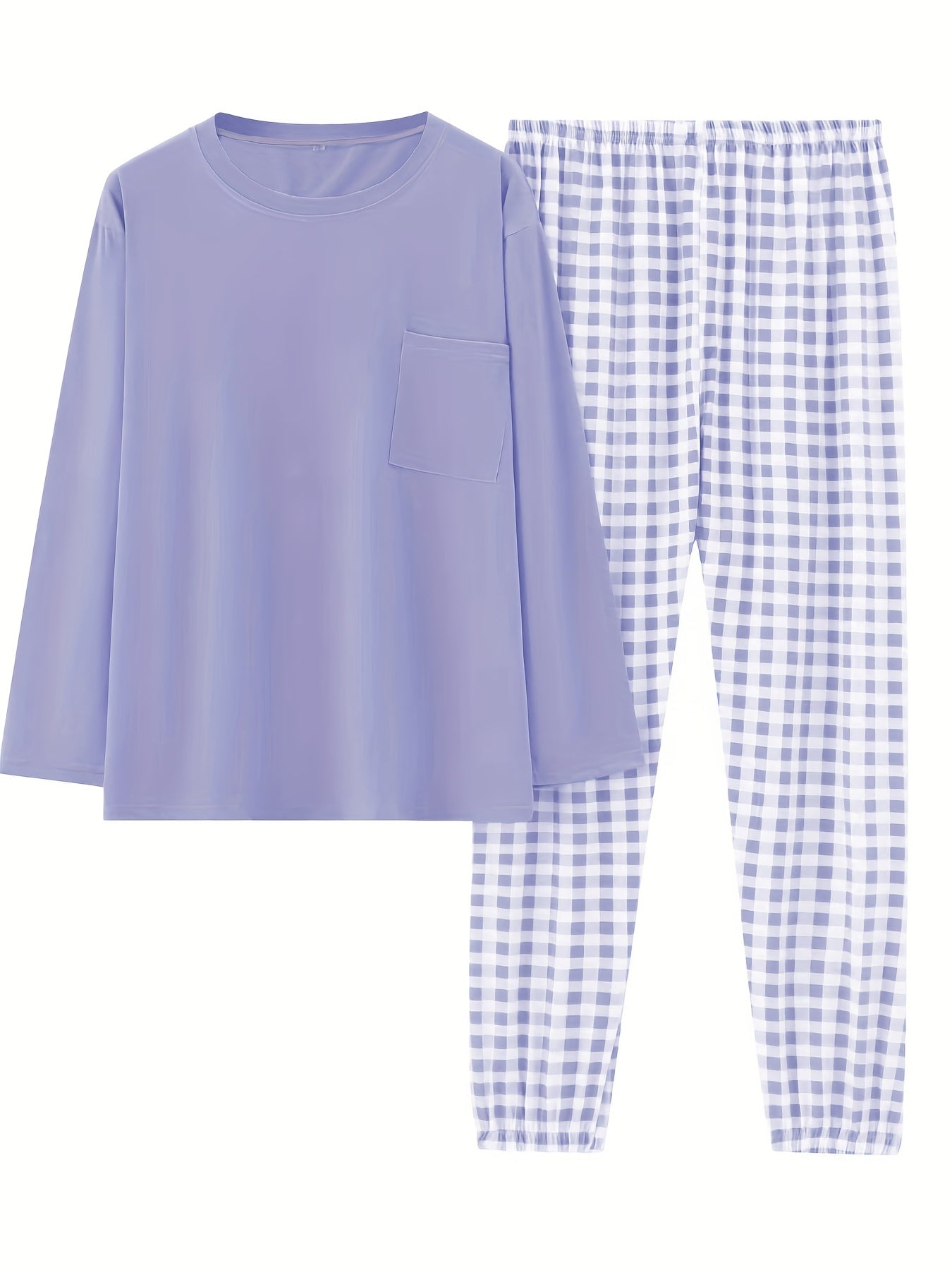 Women'S Plus Size Pink Plaid Pajama Set - Casual Long Sleeve and Pants Loungewear with Pockets, Stretchy Polyester Fabric, Perfect for Spring & Fall, Plus Size Loungewear | Checkered Pattern | Polyester Fabric, Loungewear Pajamas