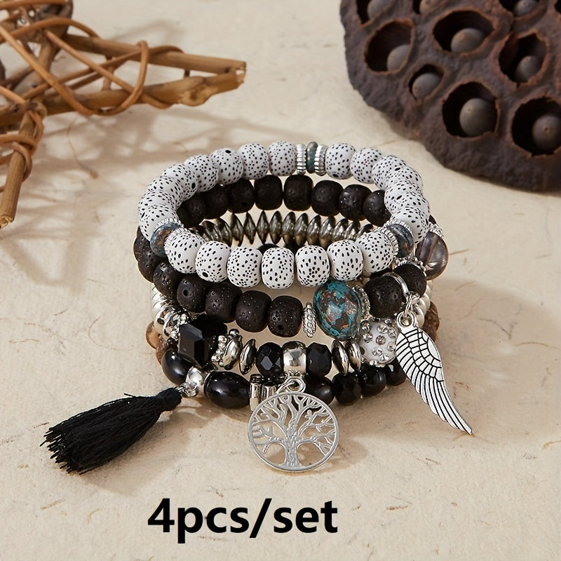 4pcs Bohemian Tree of Life & Feather Wing Pendant Bracelets - Handmade Acrylic Couples' Bangle with Tassels, Boho Style Jewelry for Men & Women, Romantic Gift Idea, Bohemian Jewelry, Handcrafted Bracelets