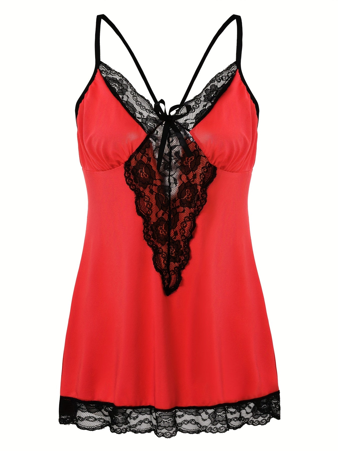 Plus Size Sexy Nightdress, Women's Plus Comfort Soft Contrast Lace Criss Cross Back V Neck Cami Sleep Dress With Free Underwear