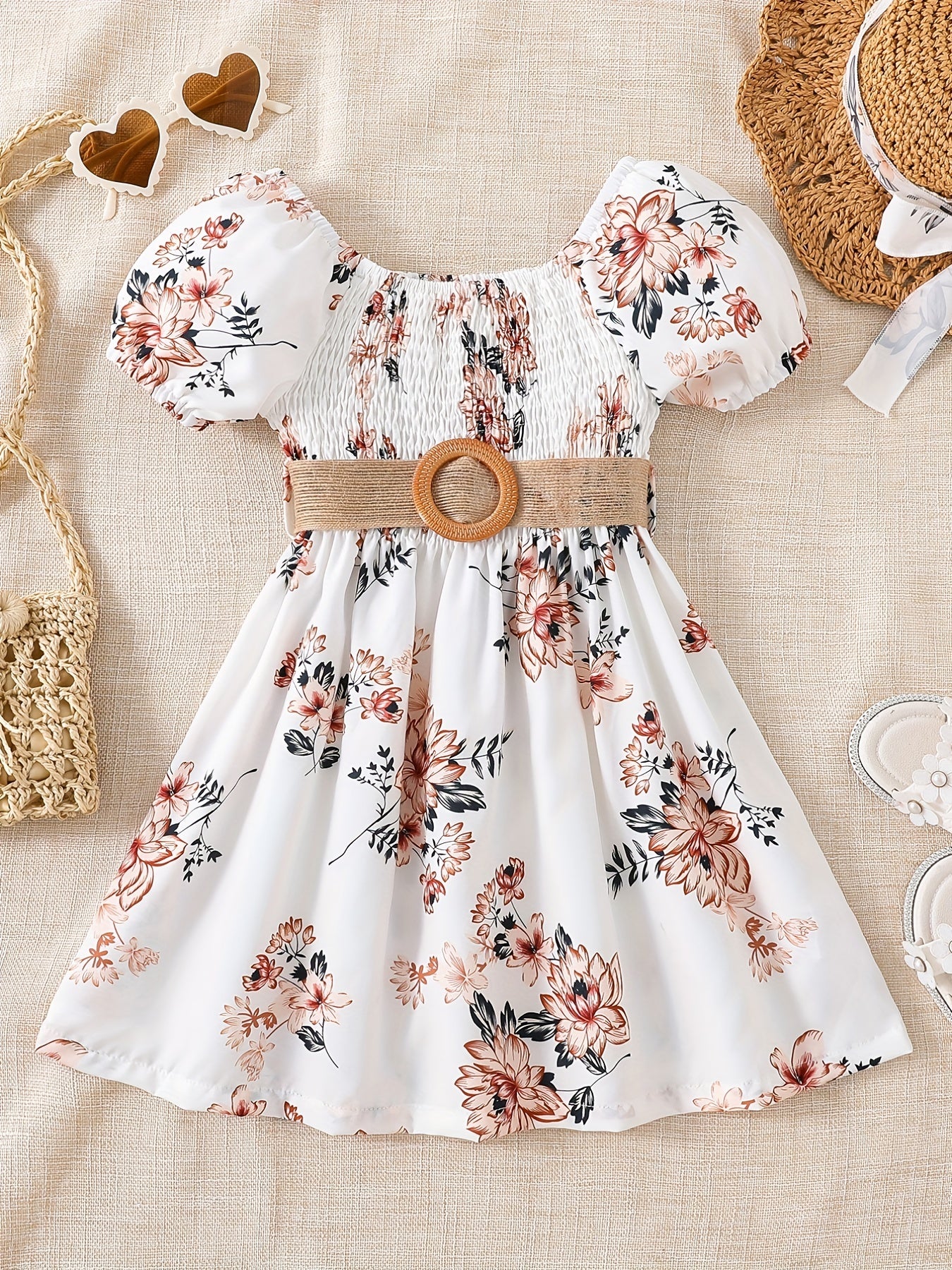 Summer Girls' Casual Floral Print Knee-Length Loose-Fit Dress with Ruffled Hem and Belt - Lightweight Woven Fabric, Short Sleeve, Perfect for Outdoor Play and Daily Wear, Summer Dresses for Girls, Playtime Fashion, Nontransparent Fabric