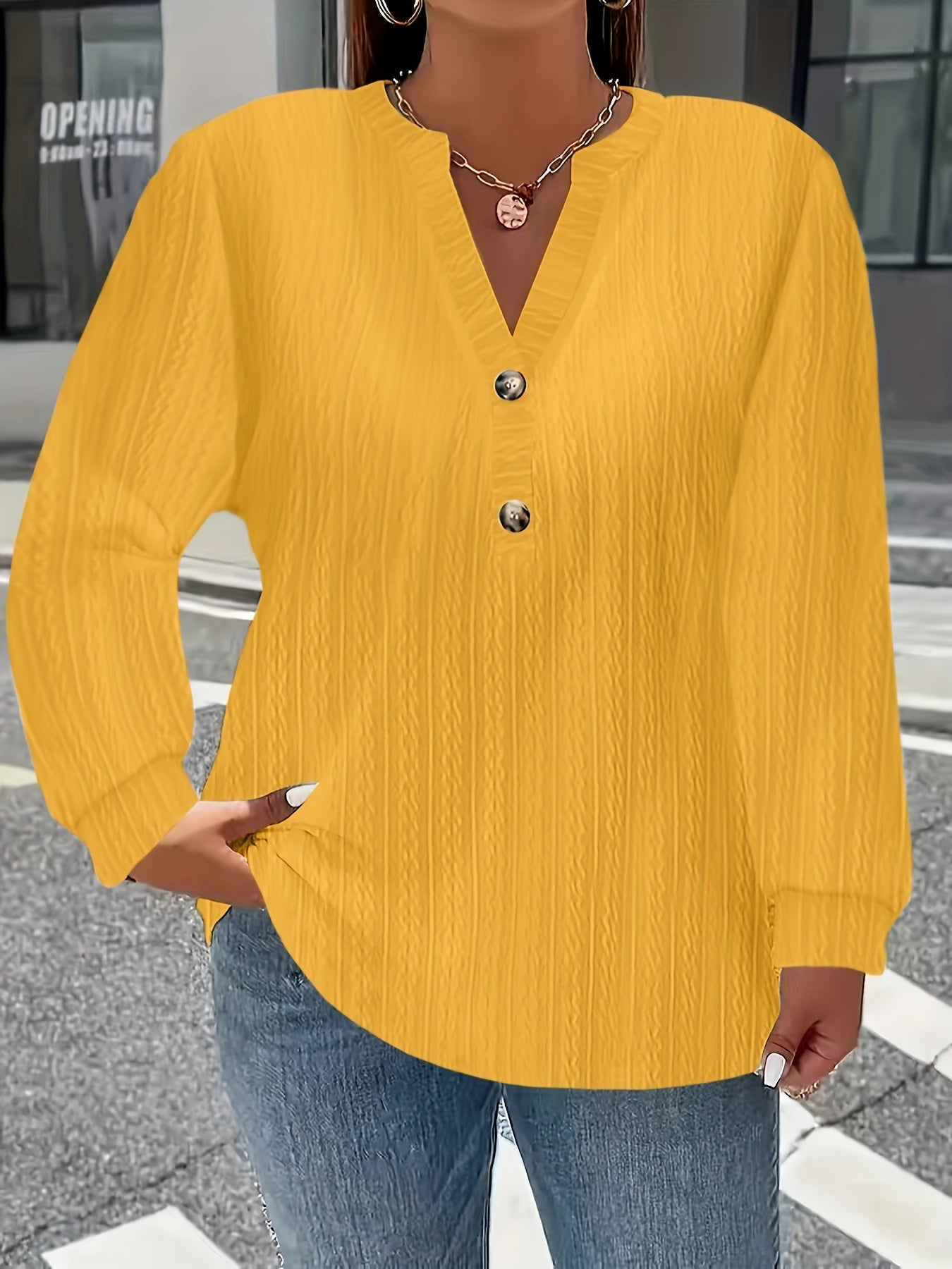 European And American Cross-Border Long-Sleeve Solid Color V-Neck Button T-Shirt Top
