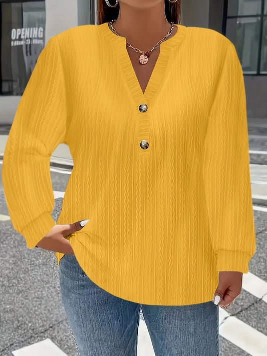 European And American Cross-Border Long-Sleeve Solid Color V-Neck Button T-Shirt Top