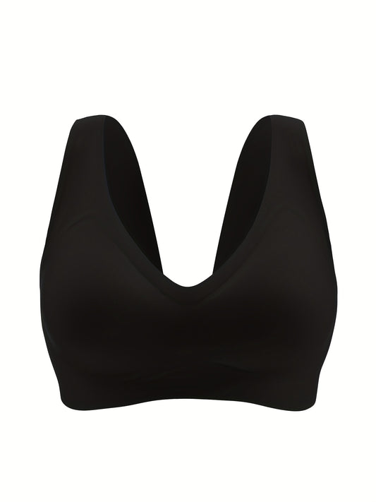 Plus Size Seamless Wireless Bra - High Stretch Invisible Under Clothes, Removable Pads & No Underwire for All-Day Comfort, Sporty Casual Solid Color Bra for Women, Comfortable Undergarment, Simple Elegant Design, Smooth Fabric Bra