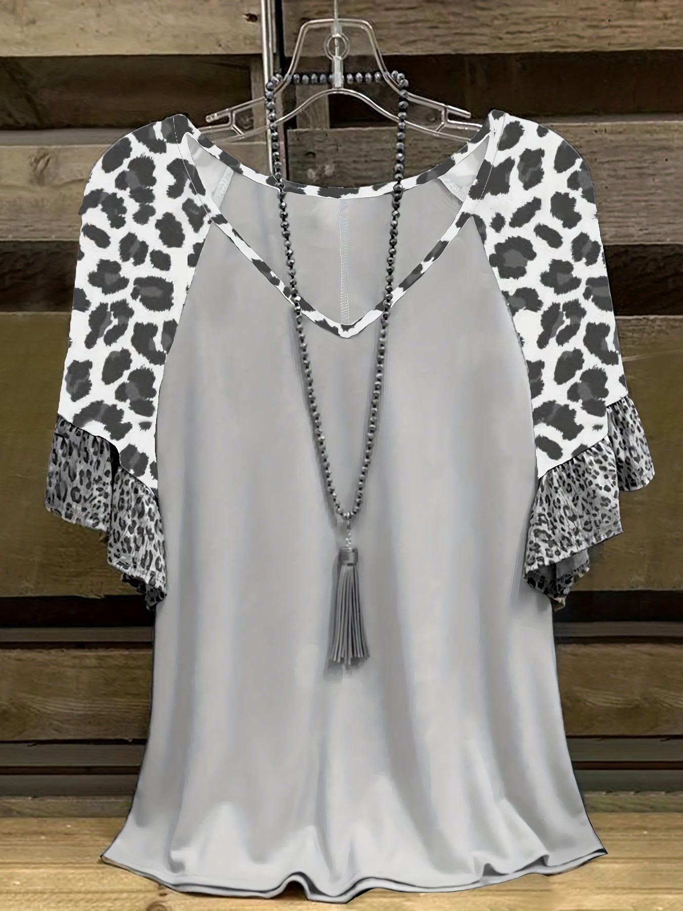 Plus Size, Plus Size Leopard Print Flounce Hem Women's Short Sleeve Spliced T-Shirt