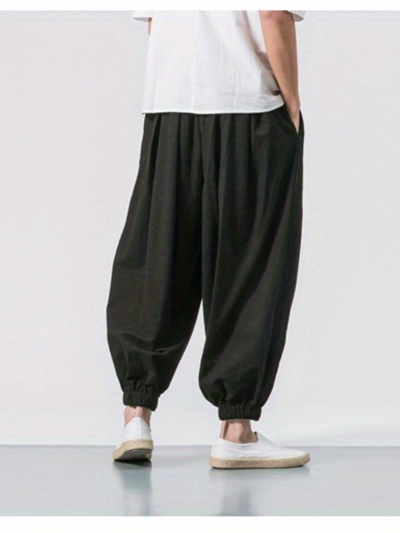 Men's Stylish Harem Pants - Heavyweight Cotton Wide Leg Trousers with Drawstring Waist, Loose Fit Casual Pants for Outdoor & Casual Attire, All-Season Brown/Beige/Black/Gray/White - Hip-Hop & Formal Events, Comfortable Breathable Mens Clothing, Solid Colo