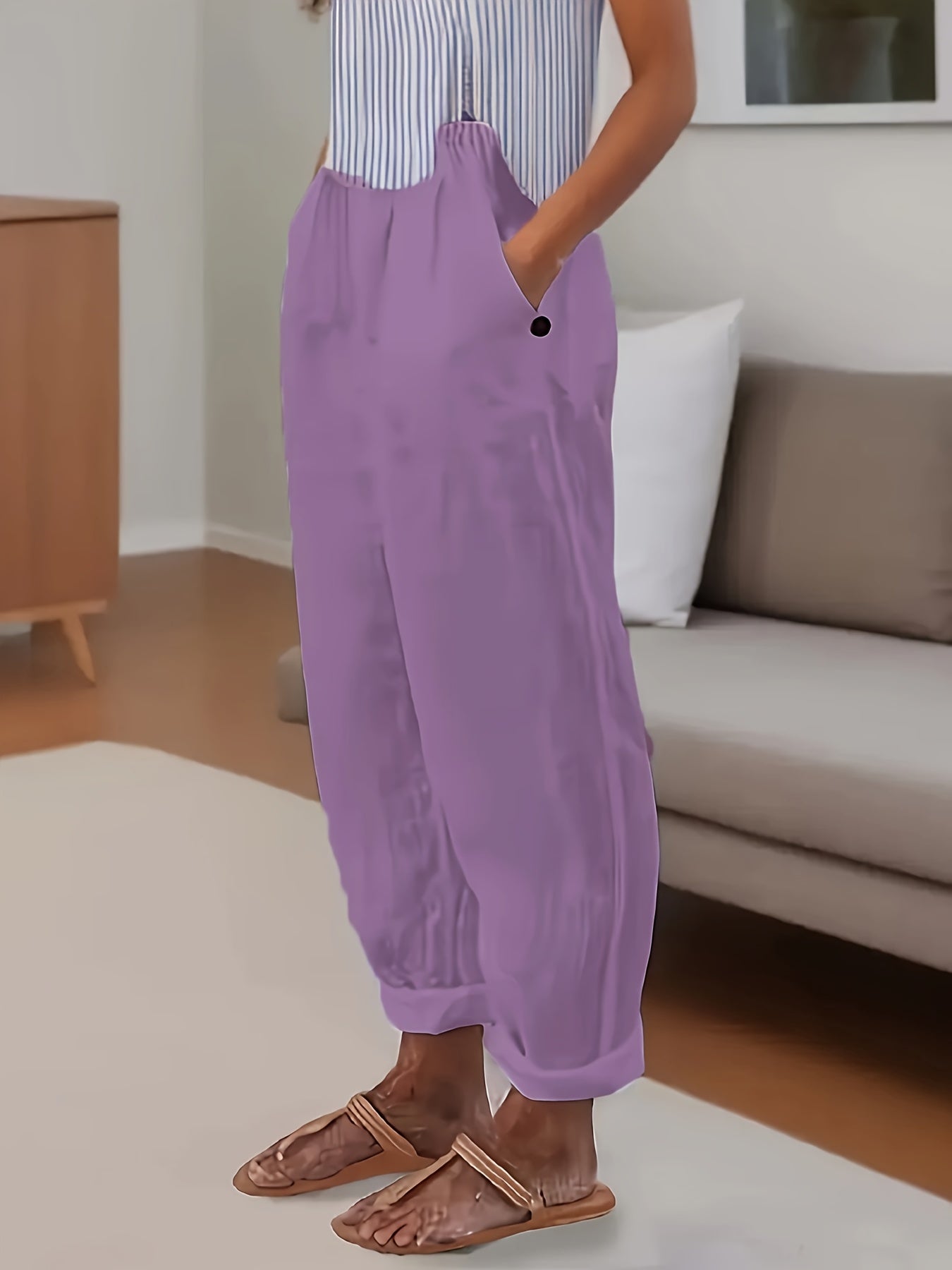 Plus Size Women's High-Waisted Casual Loose Pants with Slant Pockets - Solid Color Non-Stretch Machine Washable Trousers for Spring & Summer, Elegant Special Collection
