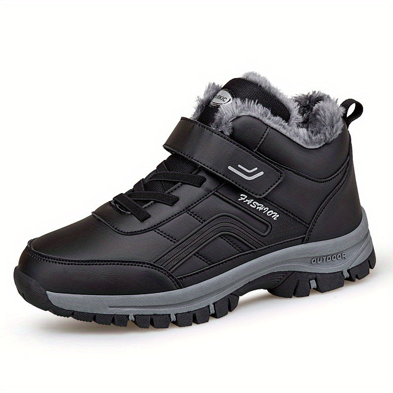 2023 Men's Plush-Lined Winter Snow Boots with Fur-Trimmed Collar - TPR Traction Outsole Ankle Boots for Outdoor Hiking & Casual Wear, Warm Synthetic Round-Toe Design (Black), Outdoor Footwear | Casual Ankle Boots | Laceup Boots