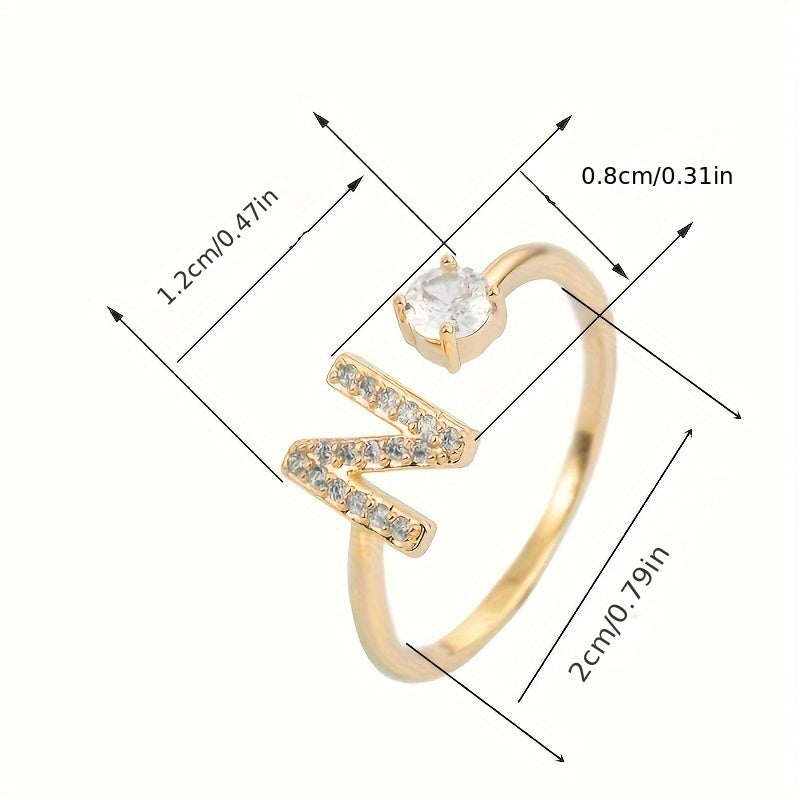 Fashionable 26 English Letters Four-Prong Synthetic Synthetic Zirconia Open Adjustment Ring