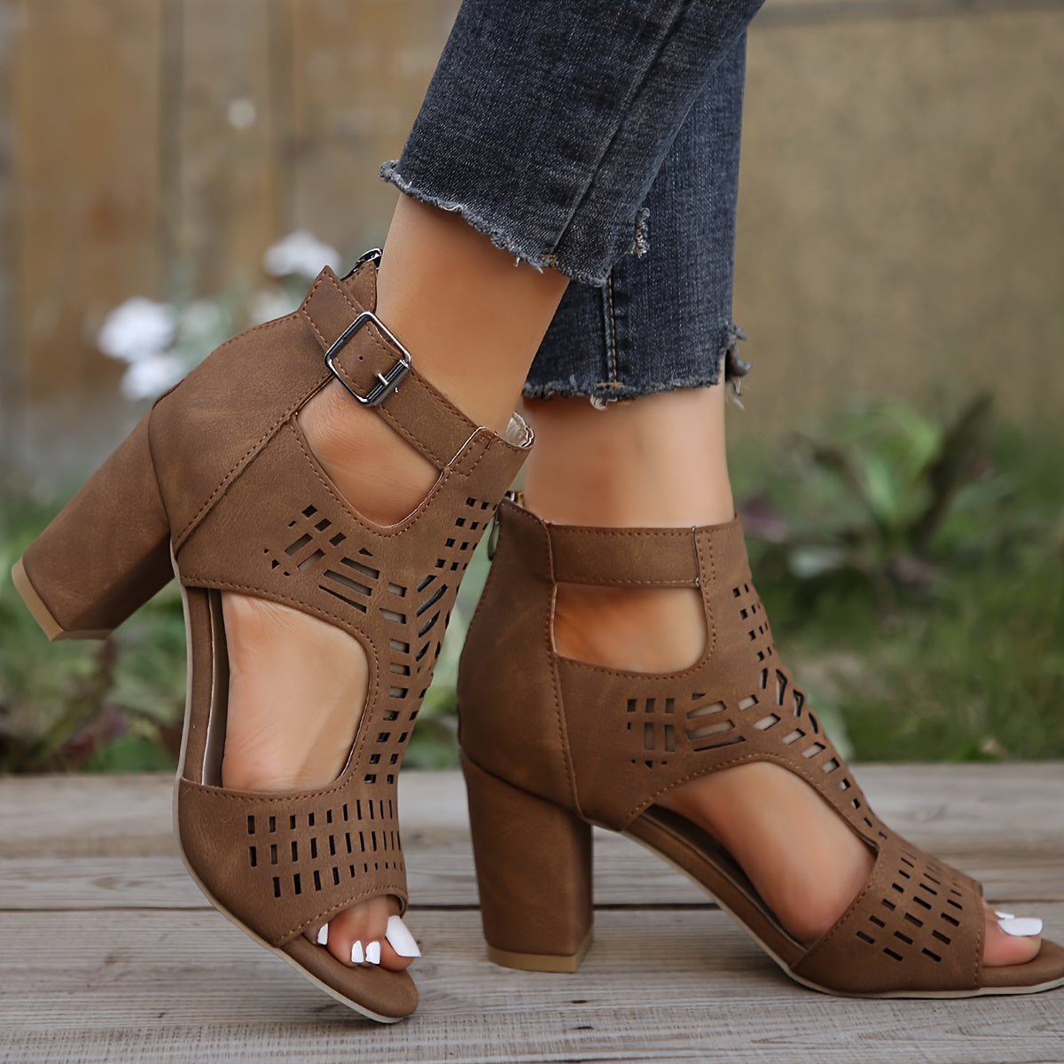 Women's Solid Color Chunky Heel, Fashion Hollow Out Design Dress Pumps, Stylish Back Zipper Heels