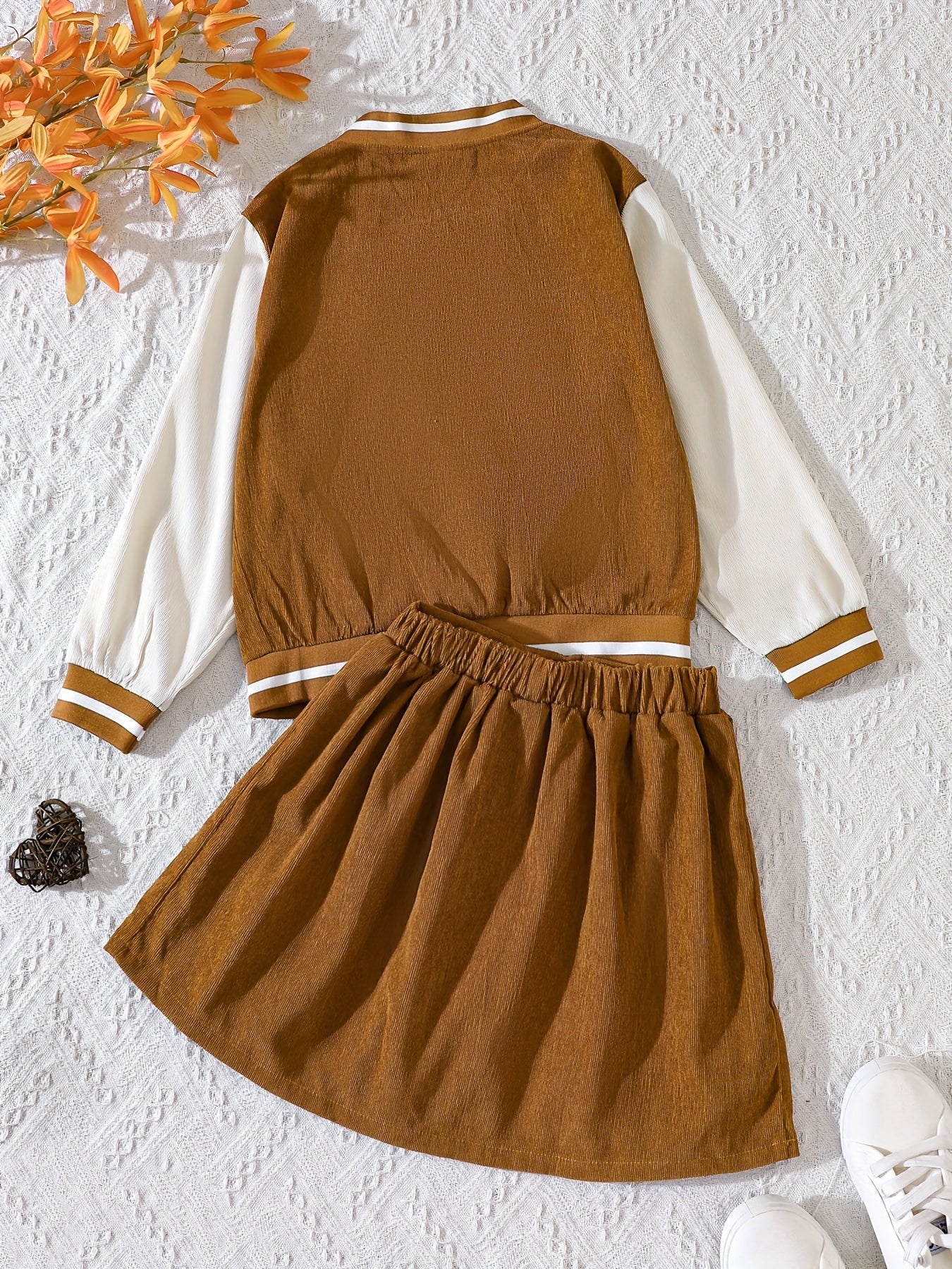 Girls 2pcs Long Sleeve Baseball Jacket Button Coat & Pleated Short Skirt Letter B Print Corduroy Preppy Casual Kids Outdoor Clothes For Spring And Autumn