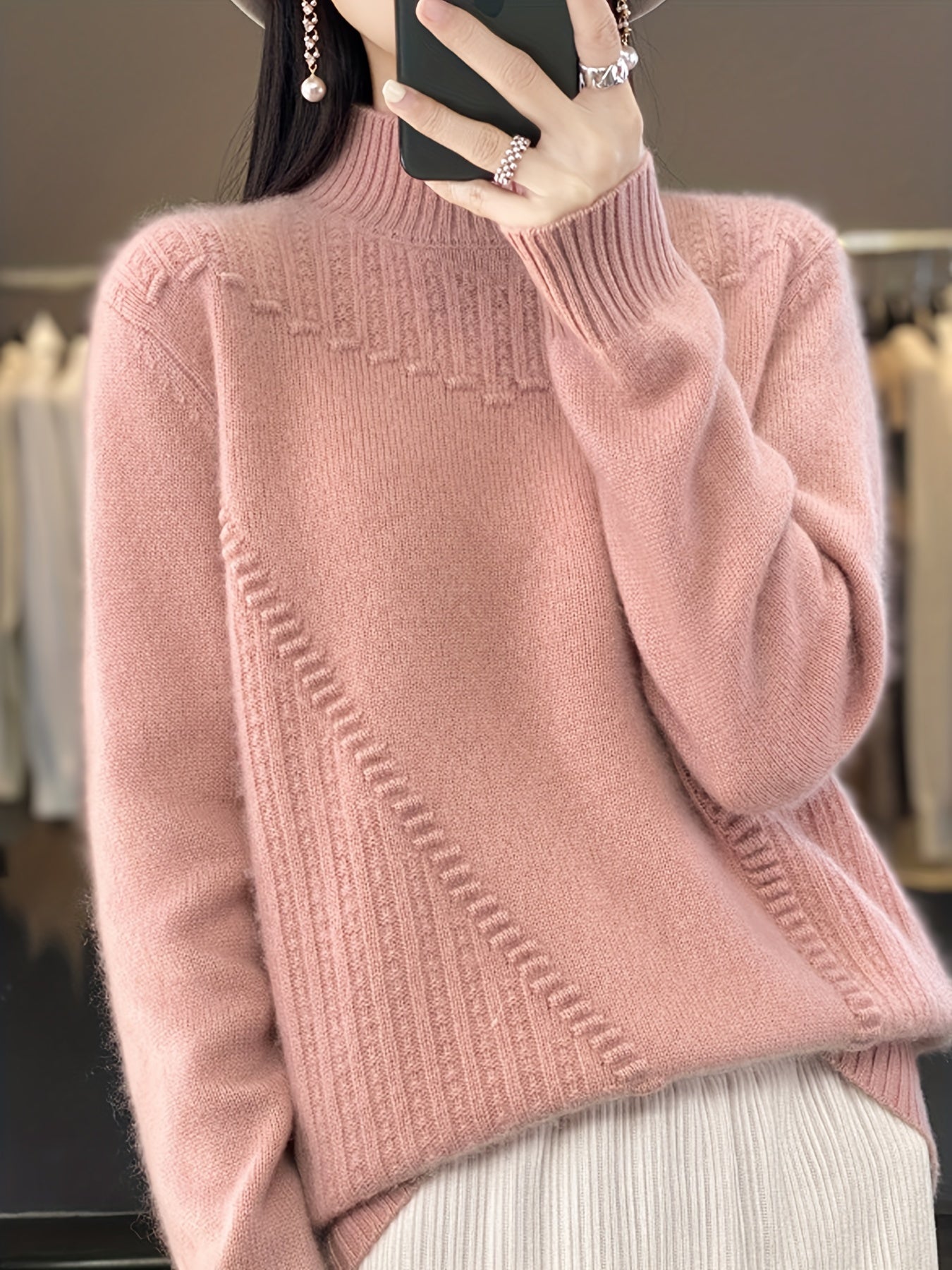 Plus Size Women's Half-Turtleneck Sweater - Soft Sleeve Pullover, Solid Black Casual Chic Top, Machine Washable All-Season Versatile Wardrobe, Everyday Pullover, Minimalist Design, Ribbed Texture