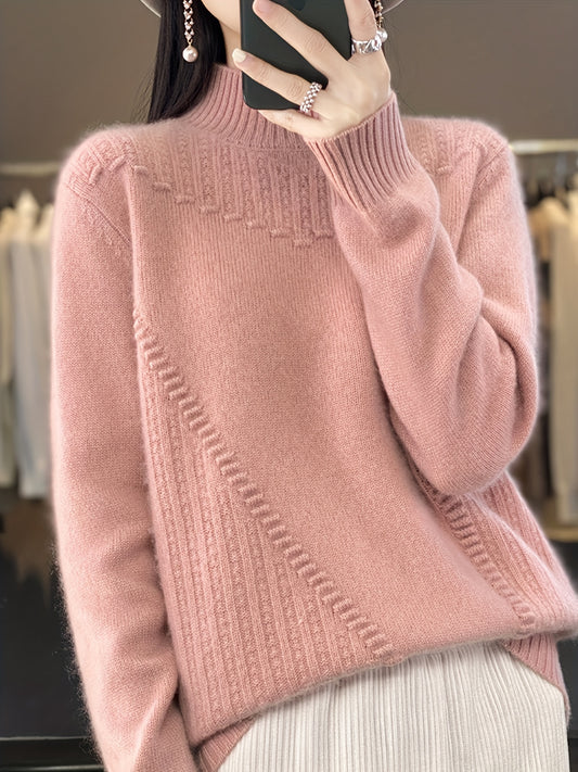 Plus Size Women's Half-Turtleneck Sweater - Soft Sleeve Pullover, Solid Black Casual Chic Top, Machine Washable All-Season Versatile Wardrobe, Everyday Pullover, Minimalist Design, Ribbed Texture
