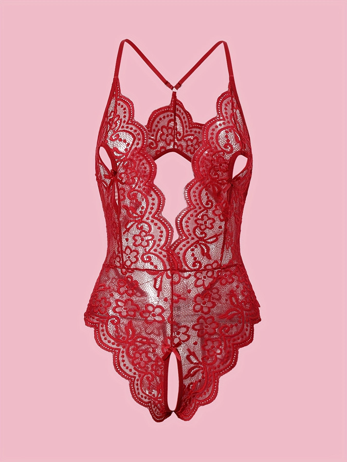 Floral Lace Scallop Trim Teddy, Plunging Halter Backless Open Crotch Bodysuit, Women's Sexy Clothing