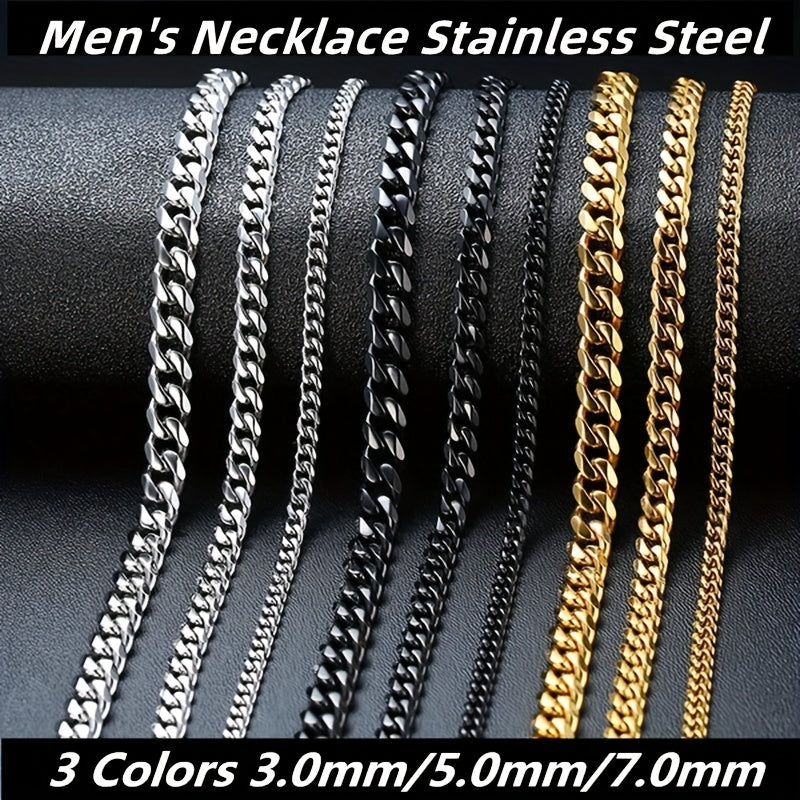 Golden Jewelry Accessory for Men Featuring a Stainless Steel Cuban Link Chain Available in 3.0Mm, 5.0Mm, And 7.0Mm Thicknesses, with a Length of 60Cm.