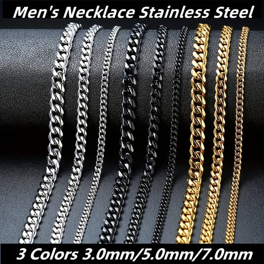 Golden Jewelry Accessory for Men Featuring a Stainless Steel Cuban Link Chain Available in 3.0Mm, 5.0Mm, And 7.0Mm Thicknesses, with a Length of 60Cm.